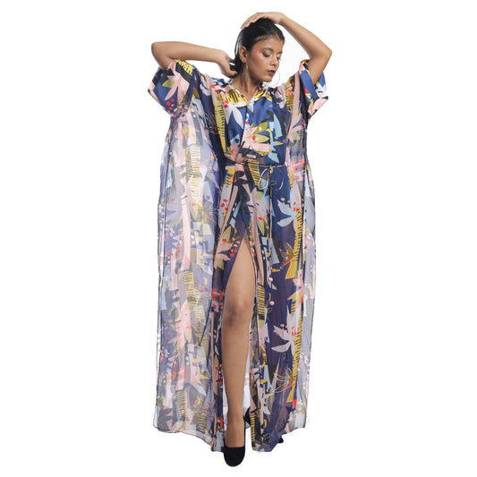 ABSTRACT FLORAL PRINTED ORGANZA KAFTAN OVERLAY