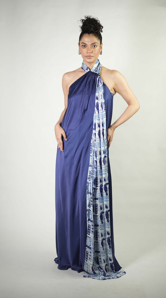 Halter gown with tropical elements printed drape detailing