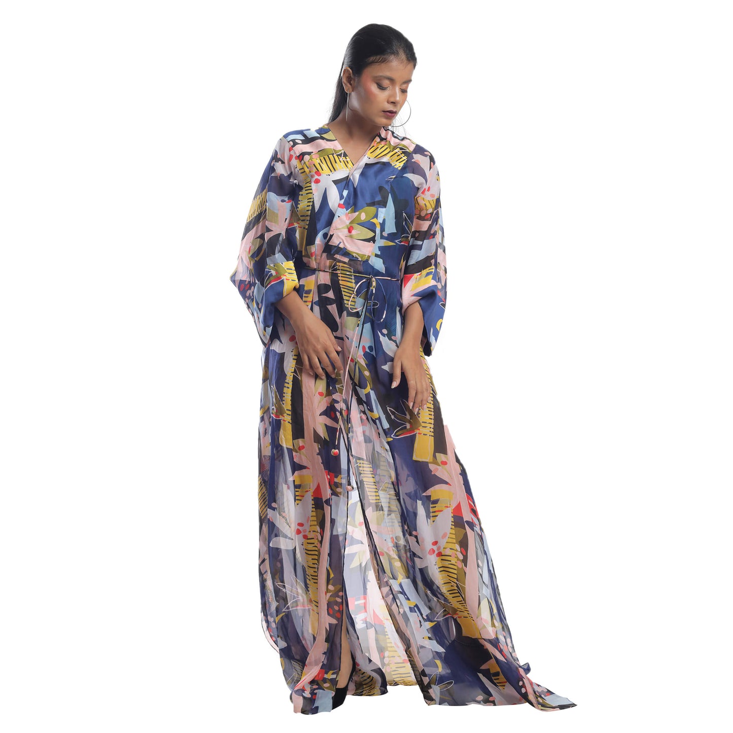 ABSTRACT FLORAL PRINTED ORGANZA KAFTAN OVERLAY