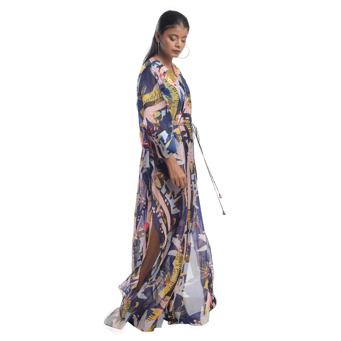 ABSTRACT FLORAL PRINTED ORGANZA KAFTAN OVERLAY