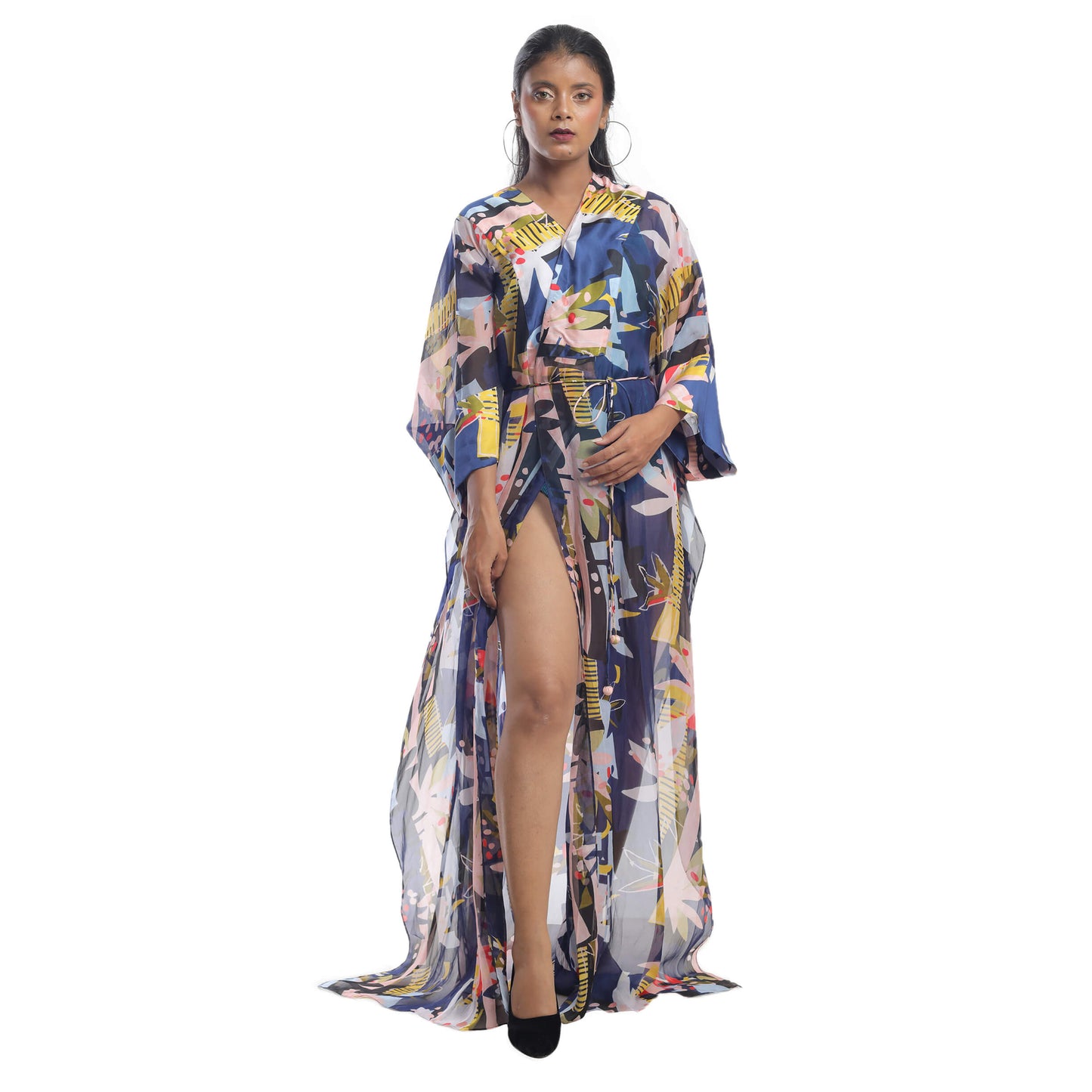 ABSTRACT FLORAL PRINTED ORGANZA KAFTAN OVERLAY