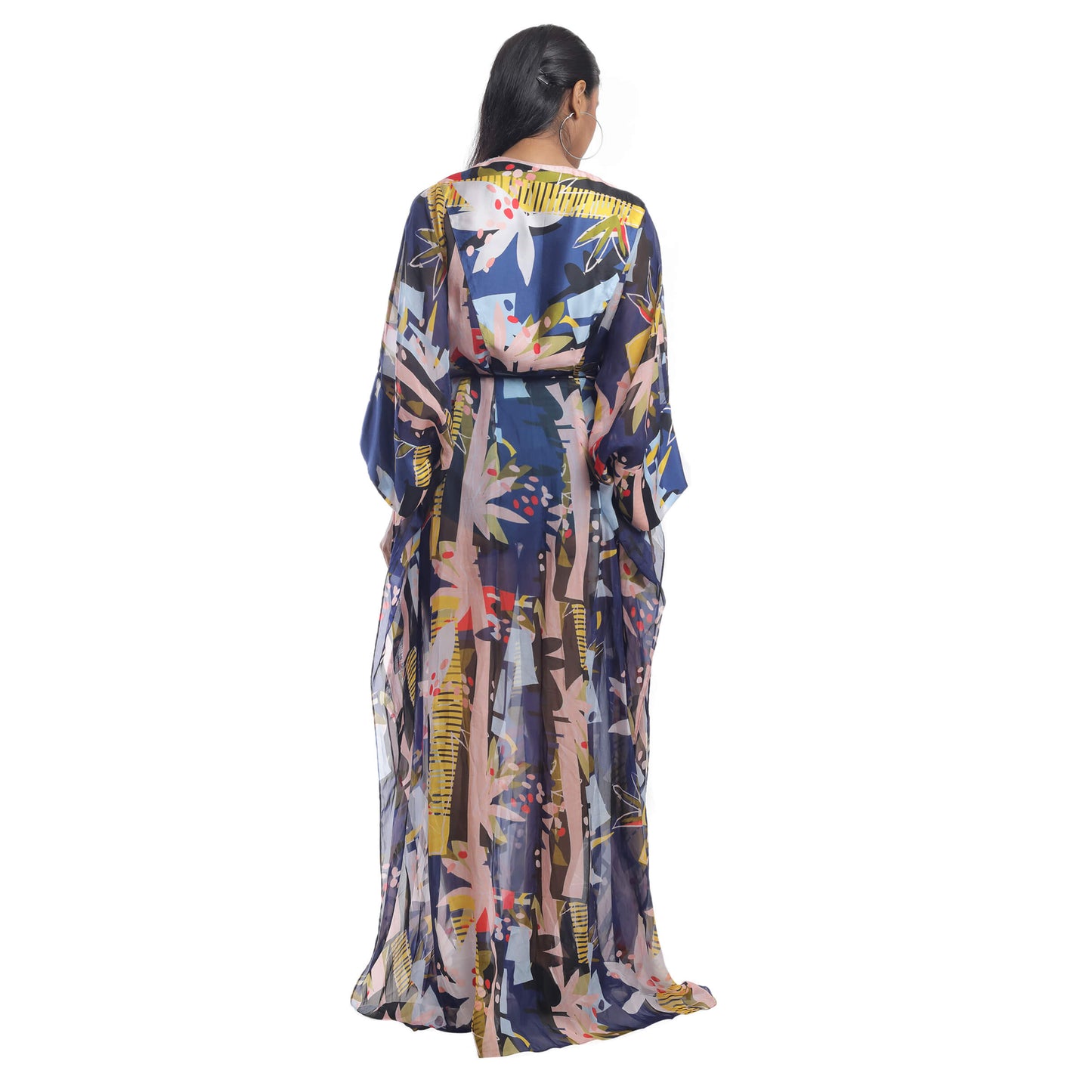 ABSTRACT FLORAL PRINTED ORGANZA KAFTAN OVERLAY