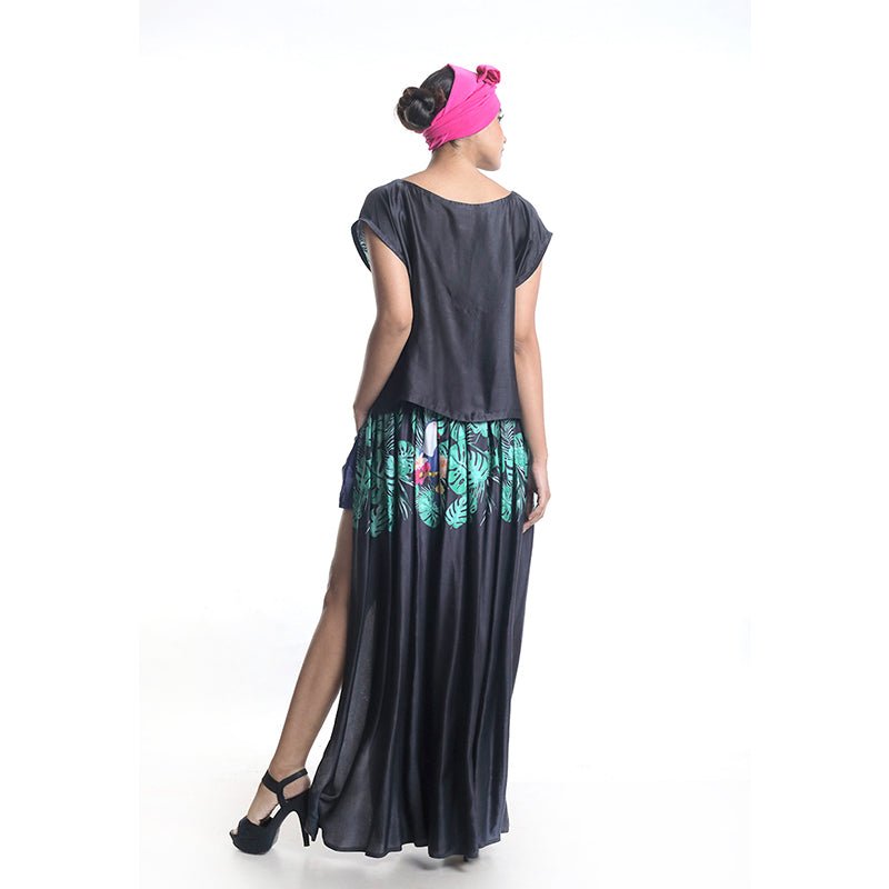 TOUCAN PRINTED WITH EMBROIDERY HIGHLIGHTING CROP TOP WITH PLEATED SKIRT TEAMED WITH SHEER SHORTS