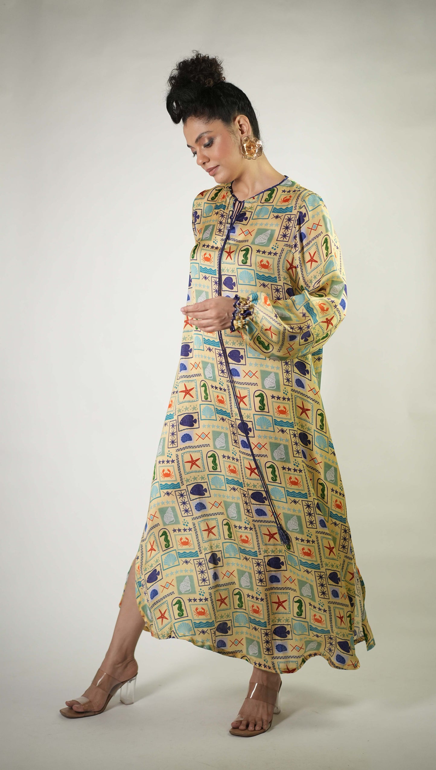 Colourful sea elements printed breezy dress