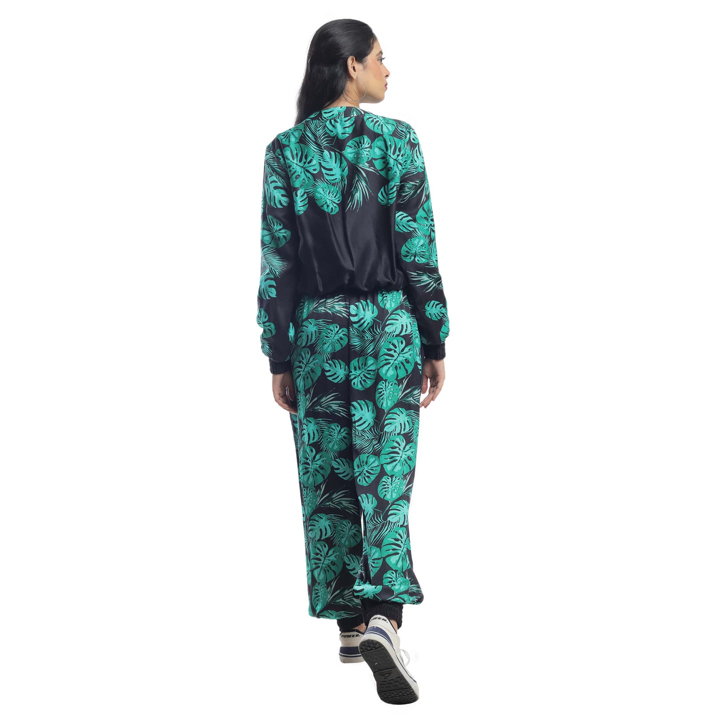 TROPICAL LEAF PRINTED BOMBER JACKET AND TRACK PANTS COORD SET