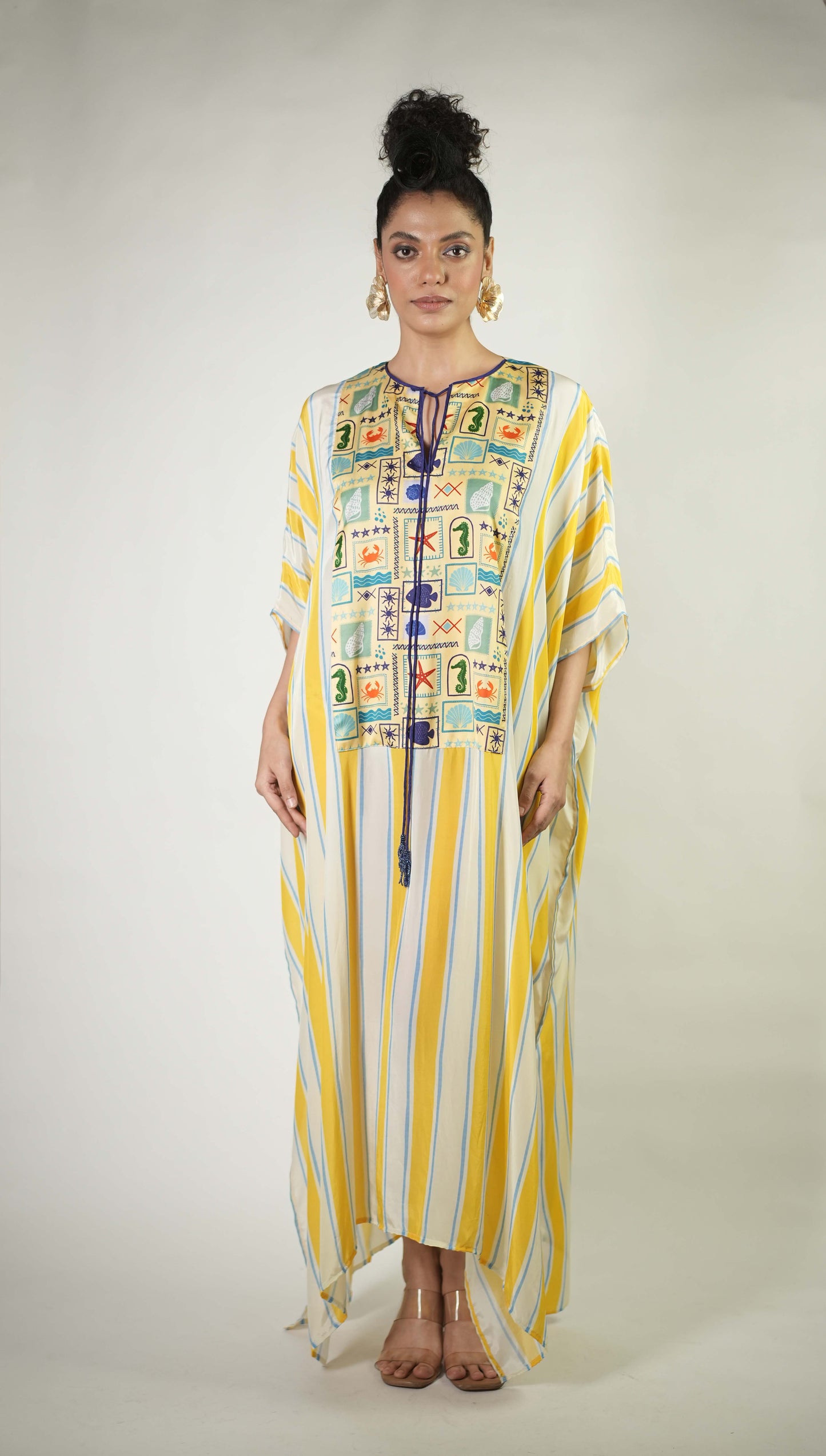 Bold stripes and colourful sea elements printed kaftan