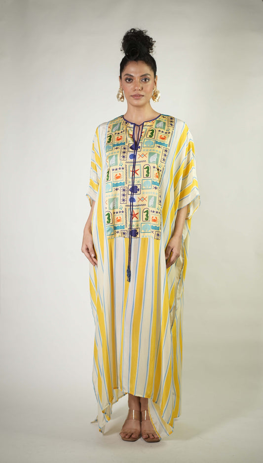 Bold stripes and colourful sea elements printed kaftan