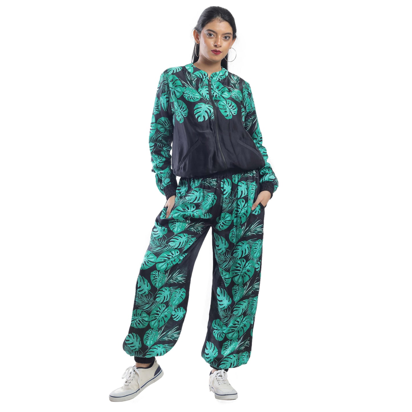 TROPICAL LEAF PRINTED BOMBER JACKET AND TRACK PANTS COORD SET