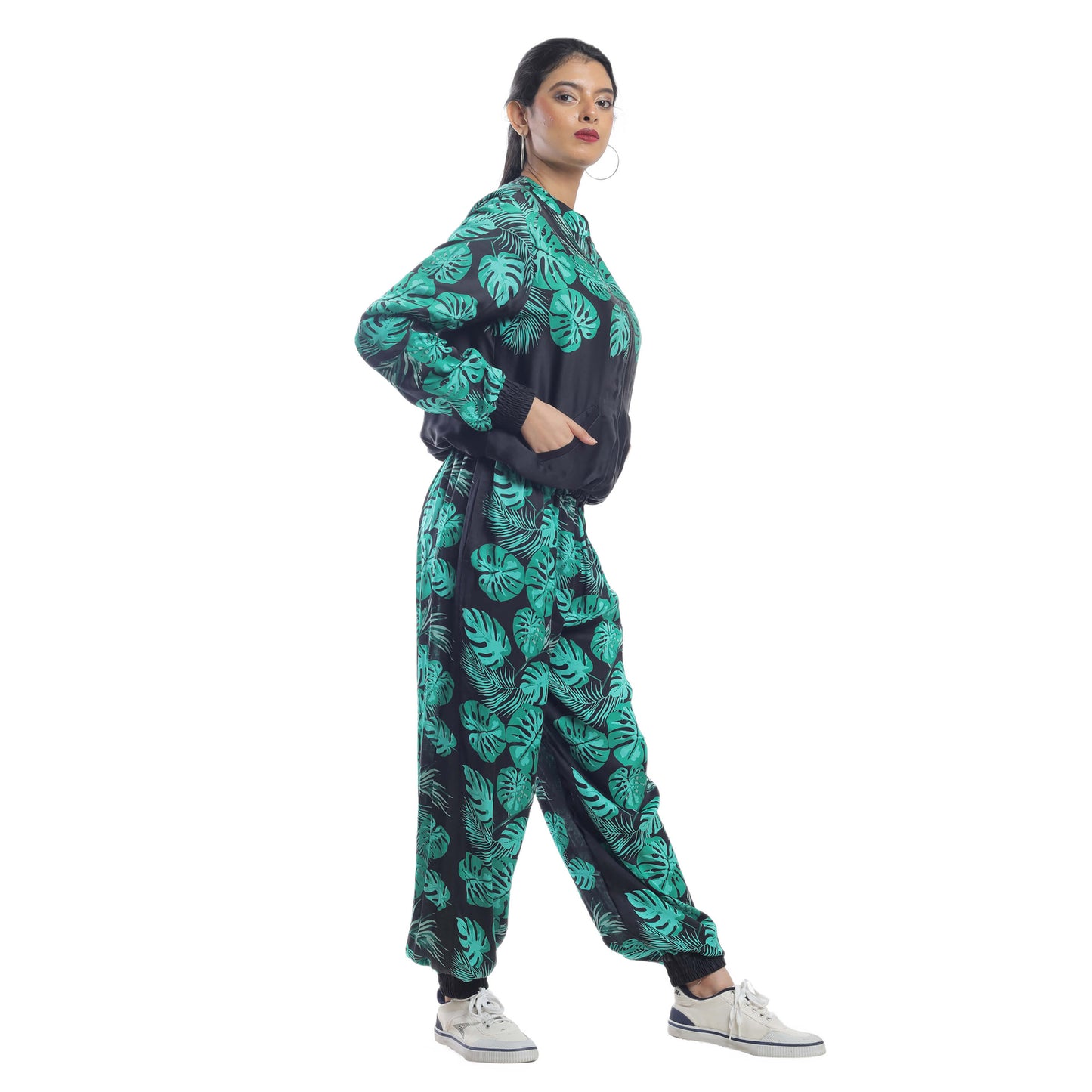 TROPICAL LEAF PRINTED BOMBER JACKET AND TRACK PANTS COORD SET