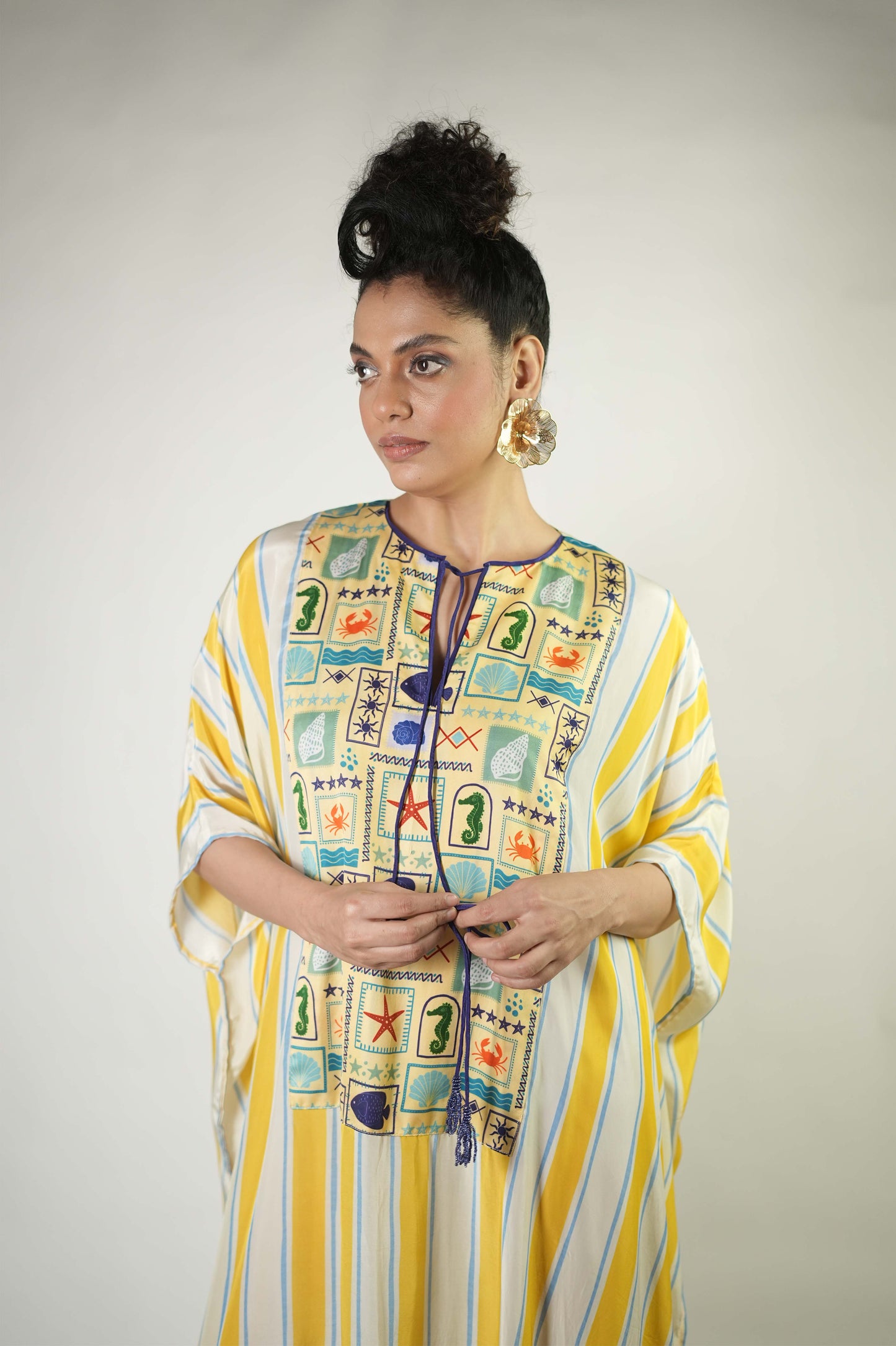 Bold stripes and colourful sea elements printed kaftan