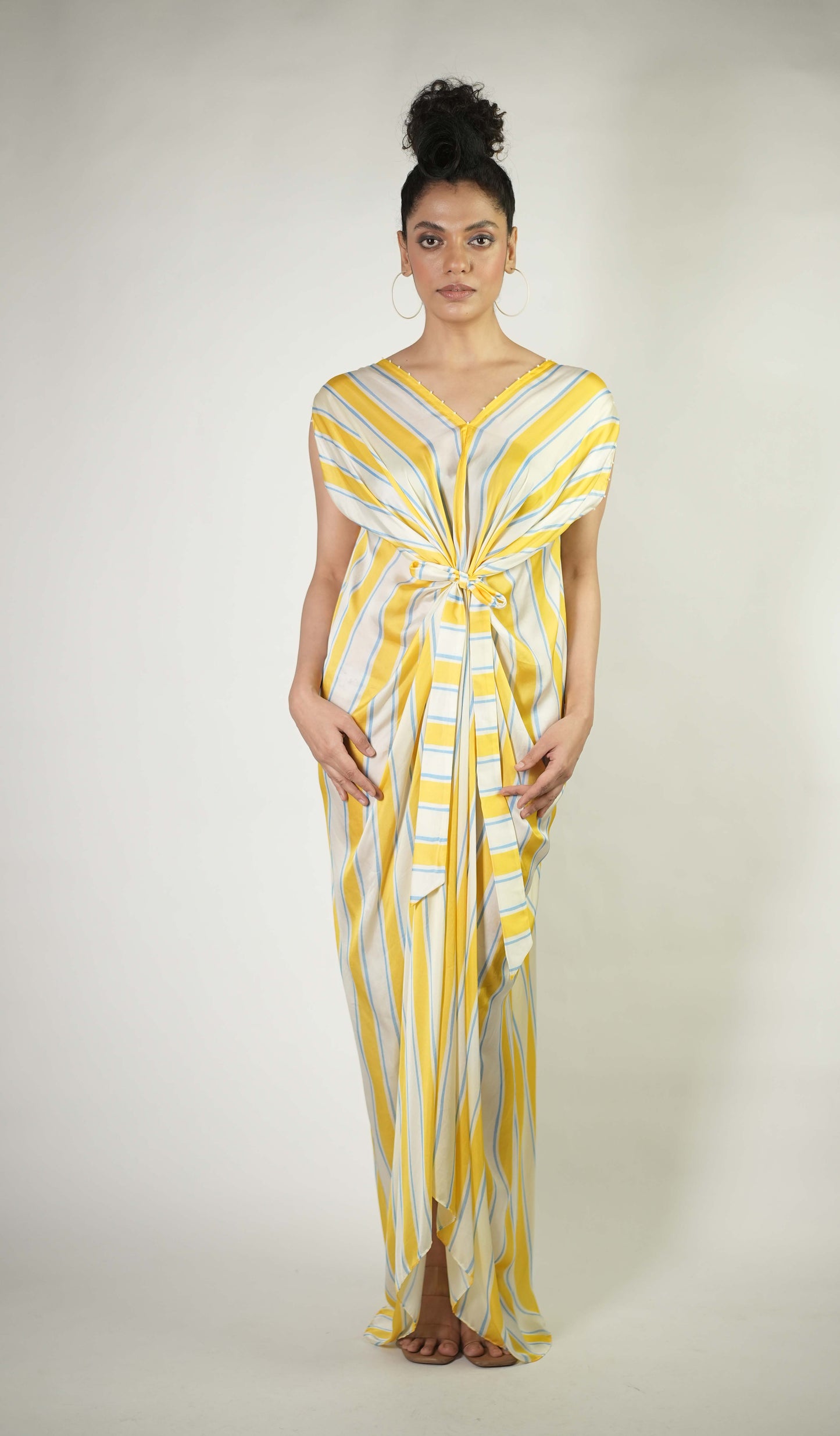 Bold stripe printed draped dress with tie up detailing
