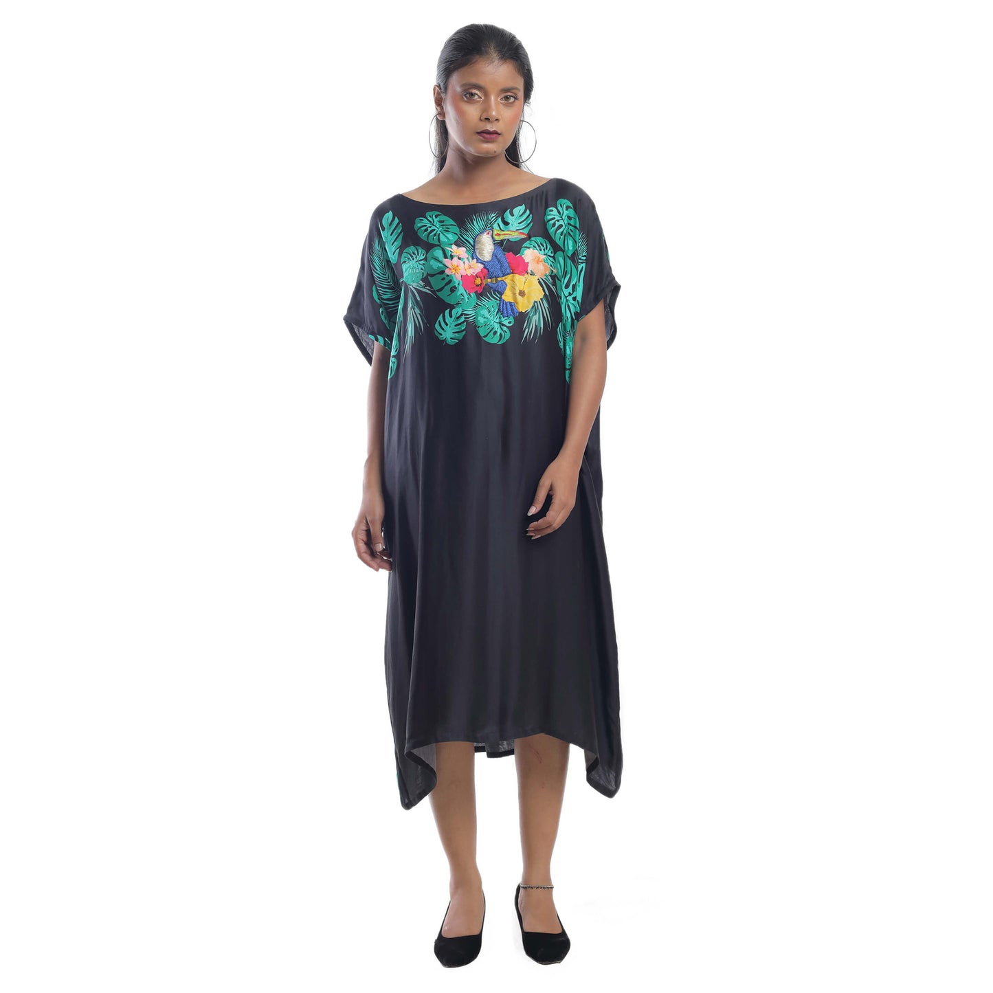 TOUCAN PRINTED SATIN DRESS WITH EMBROIDERY HIGHLIGHTS