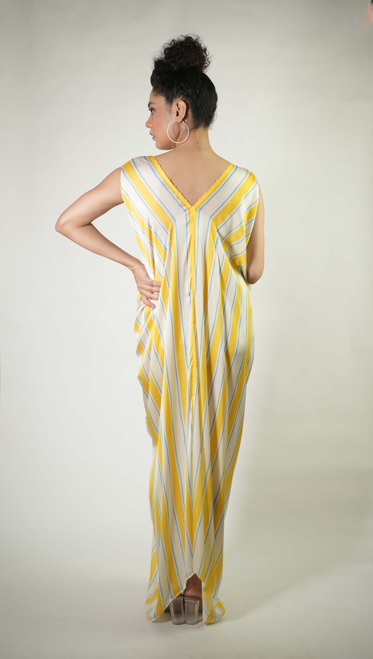 Bold stripe printed draped dress with tie up detailing