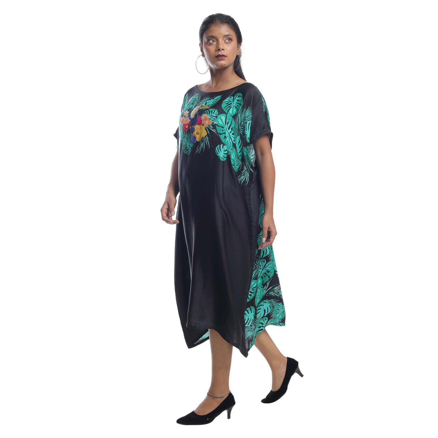 TOUCAN PRINTED SATIN DRESS WITH EMBROIDERY HIGHLIGHTS