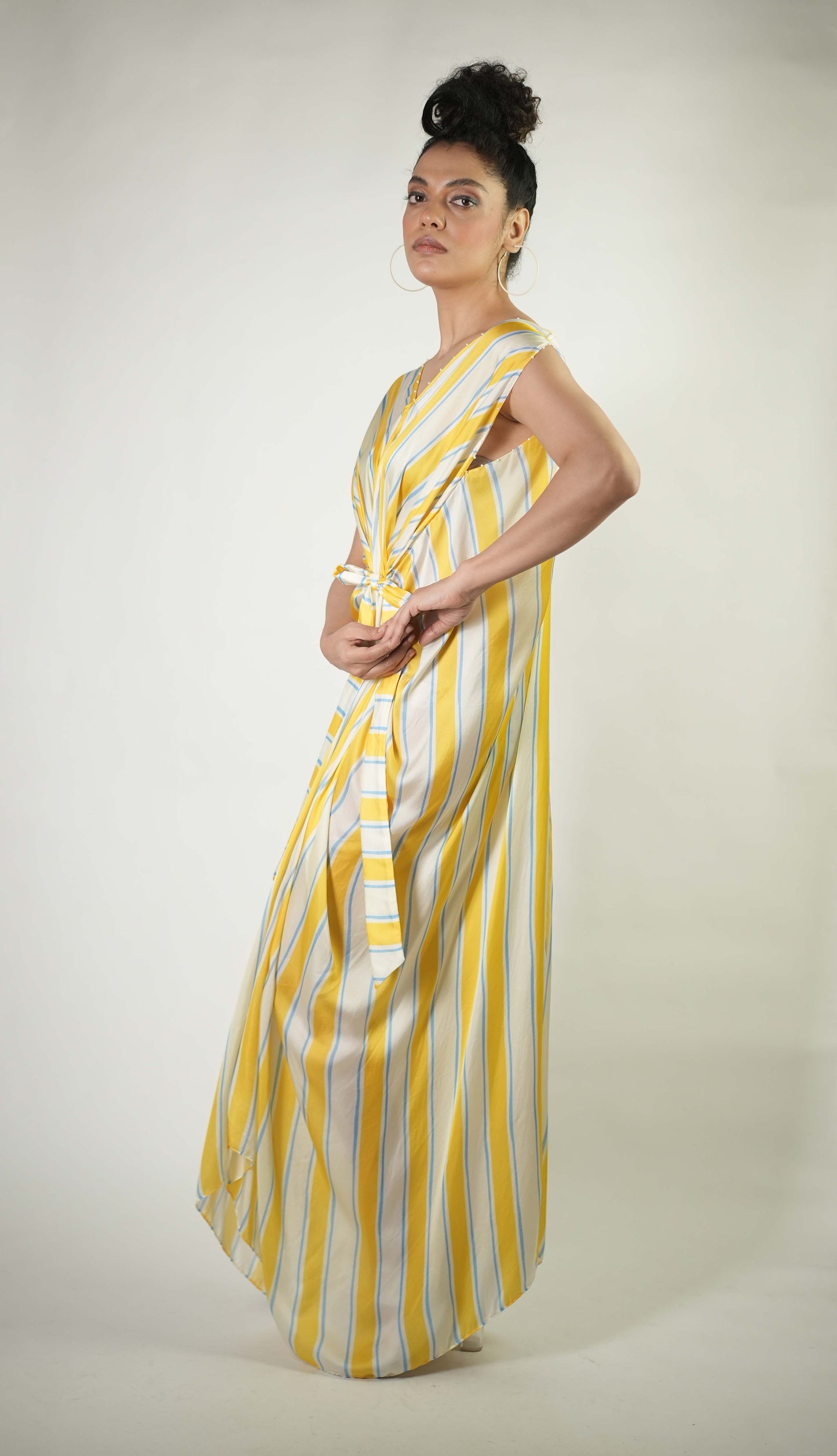 Bold stripe printed draped dress with tie up detailing