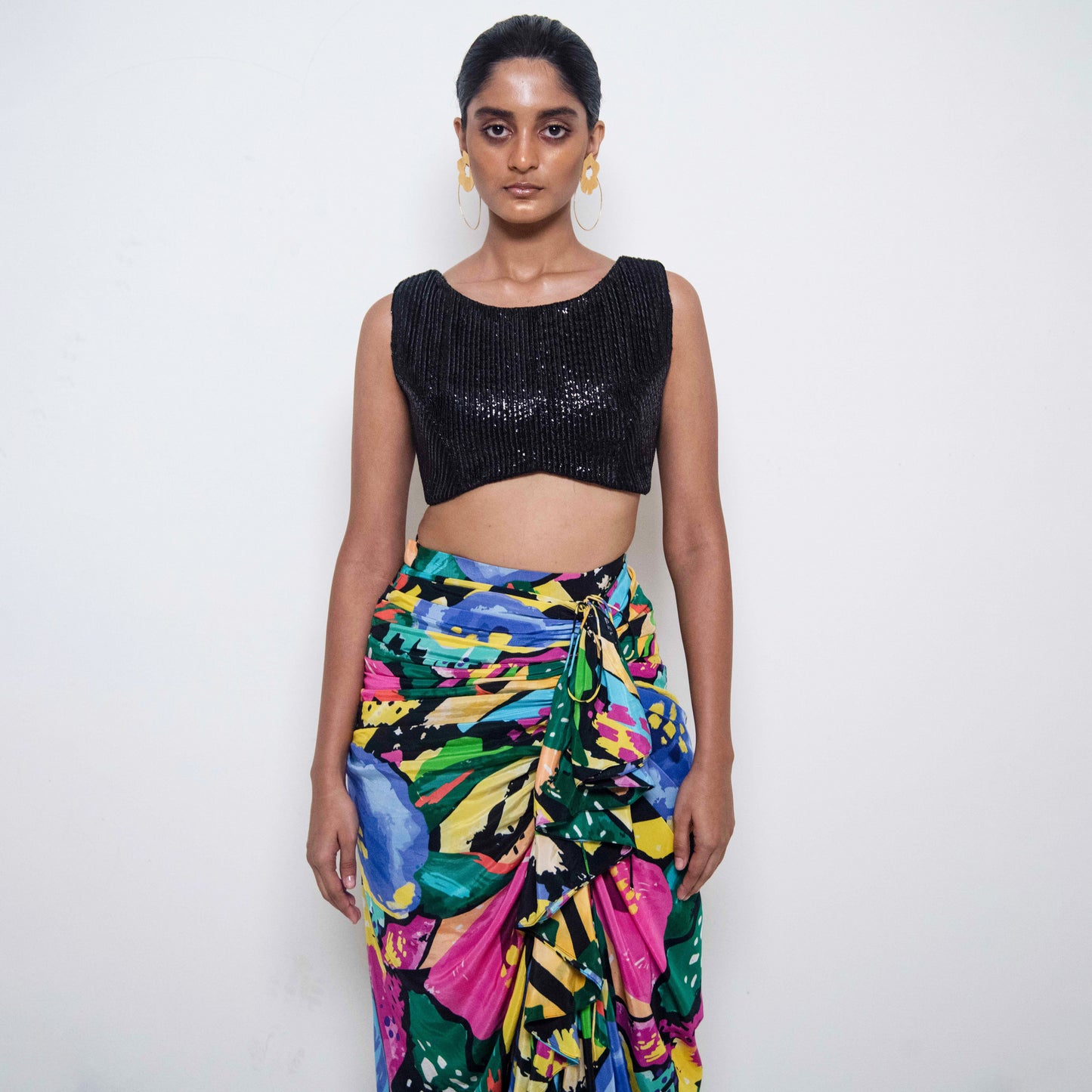 ASSORTED COLOURFUL GRAPHIC FLORAL SKIRT WITH DRAWSTRING TEAMED WITH EMBROIDERED CROP TOP