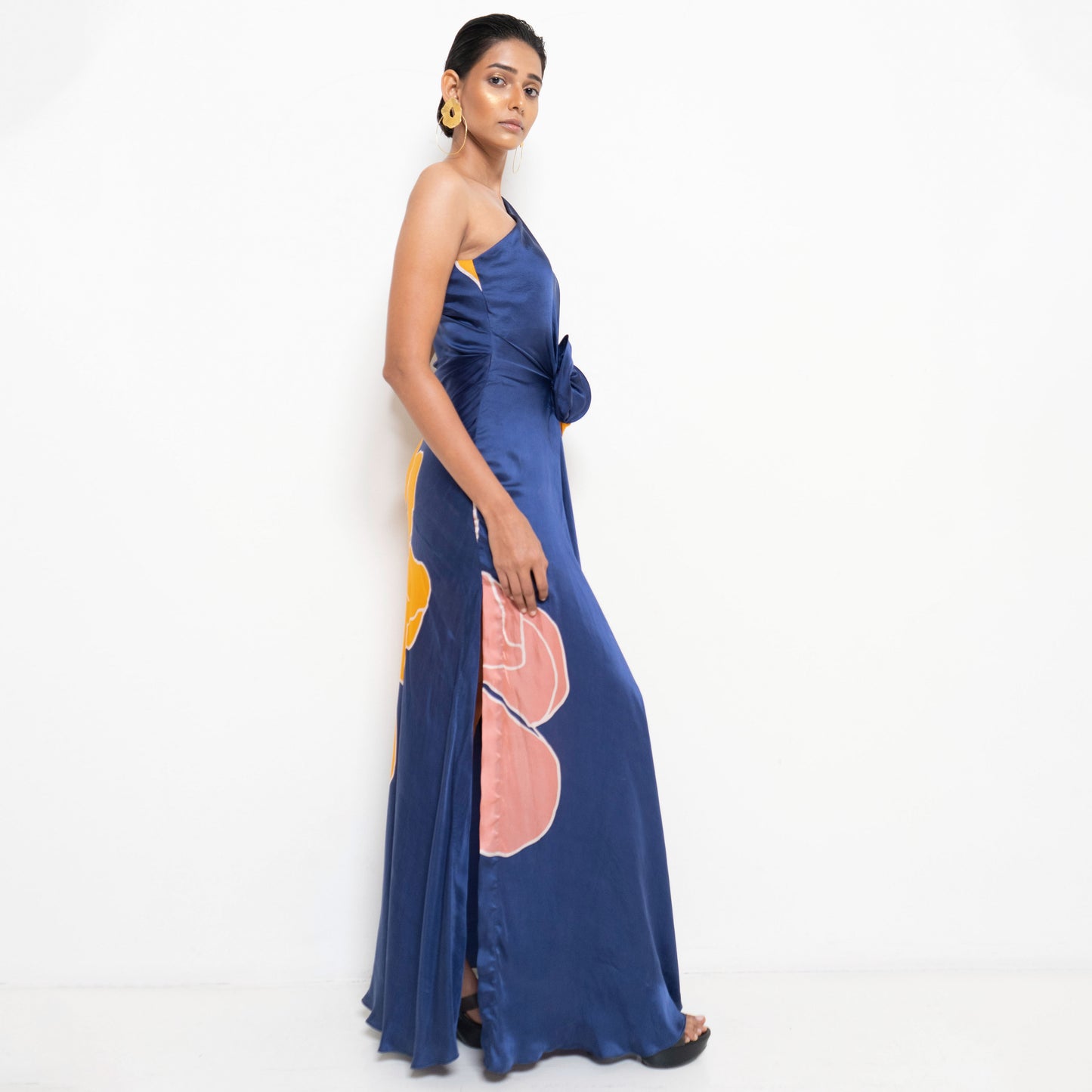 OVERSIZED PLACEMENT FLORAL PRINTED DRAPED GOWN