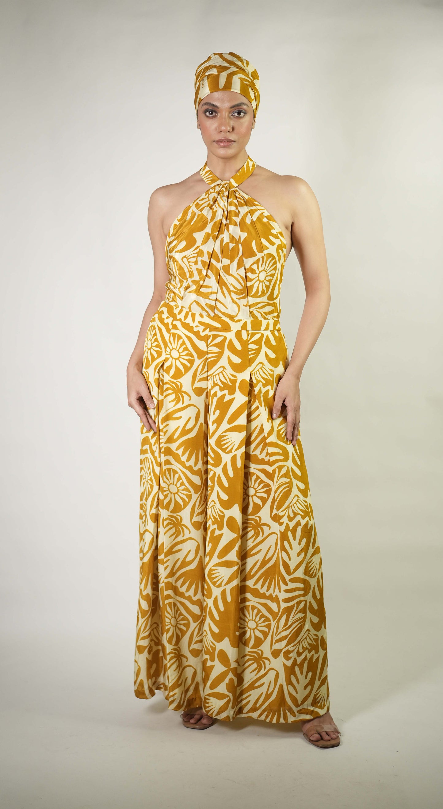 Tropical graphic elements printed halter neck jumpsuit
