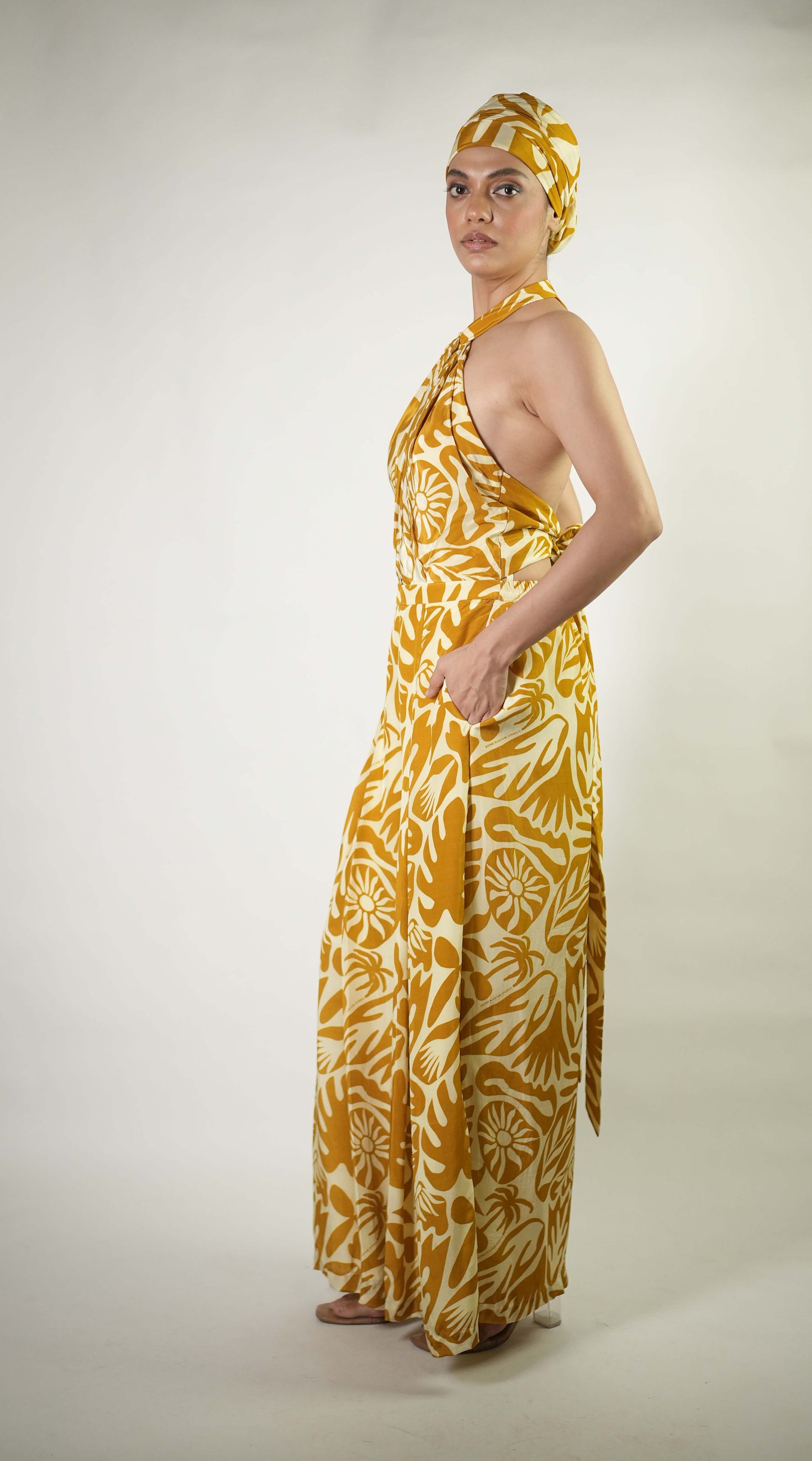 Tropical graphic elements printed halter neck jumpsuit