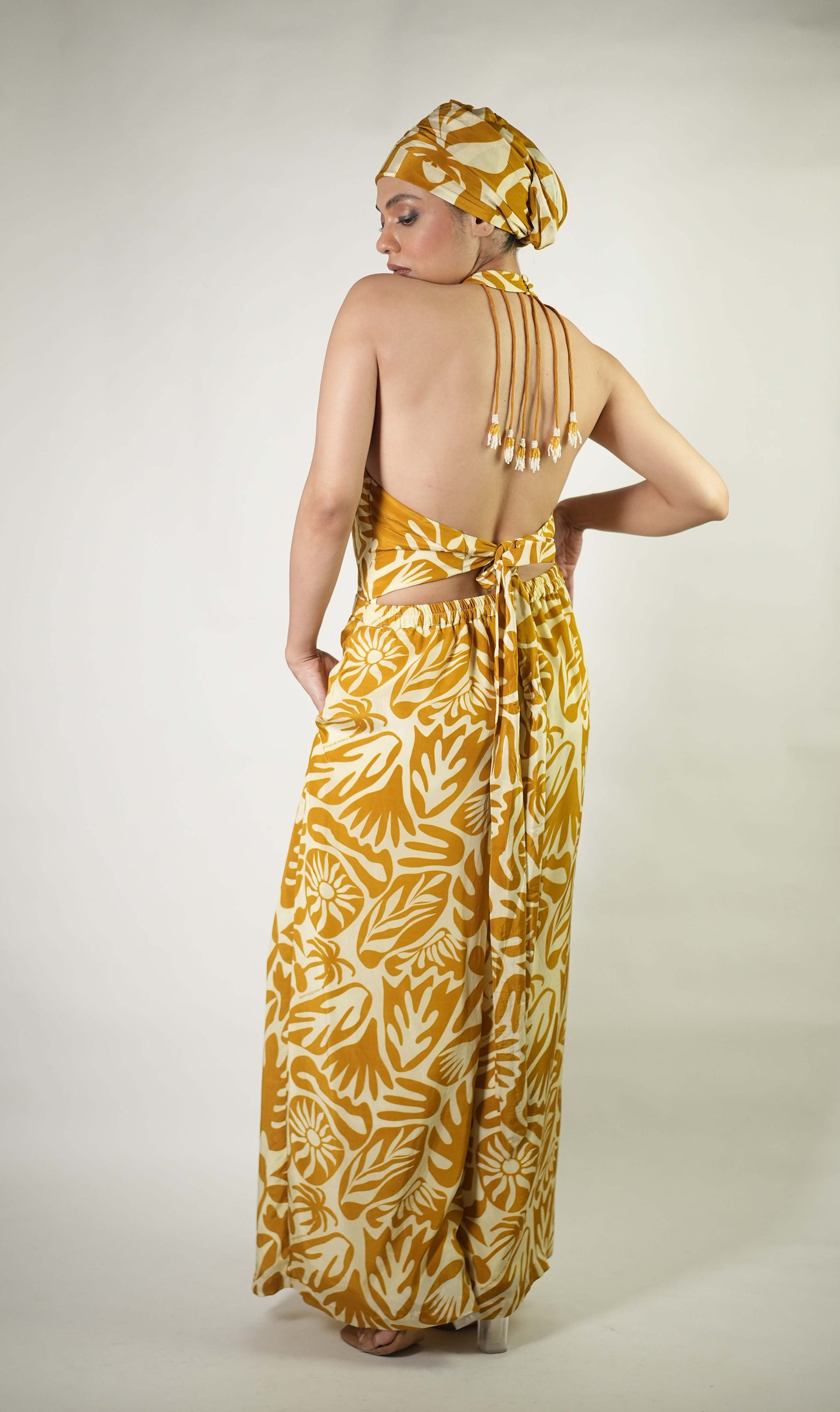 Tropical graphic elements printed halter neck jumpsuit