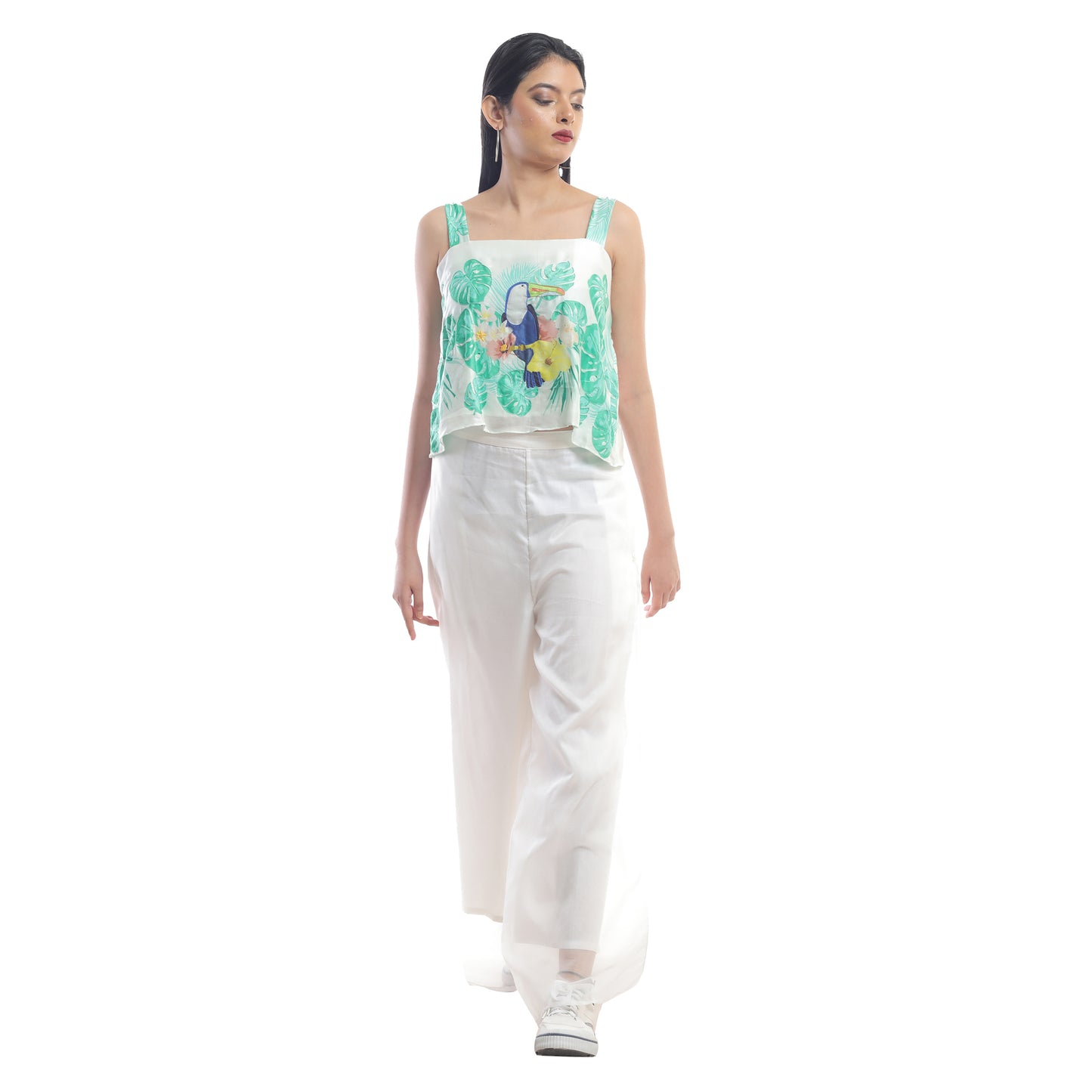 TOUCAN PRINTED TOP WITH ORGANZA OVERLAY TROUSERS