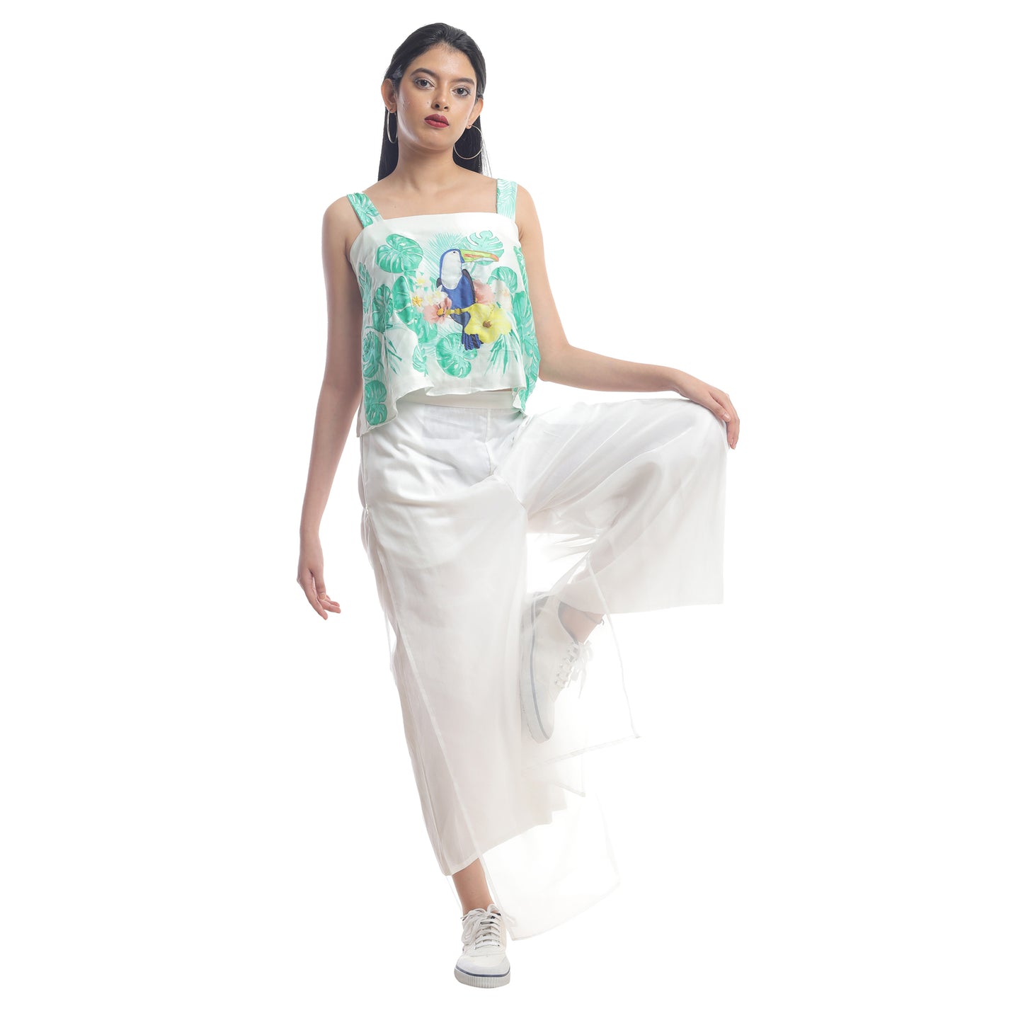 TOUCAN PRINTED TOP WITH ORGANZA OVERLAY TROUSERS