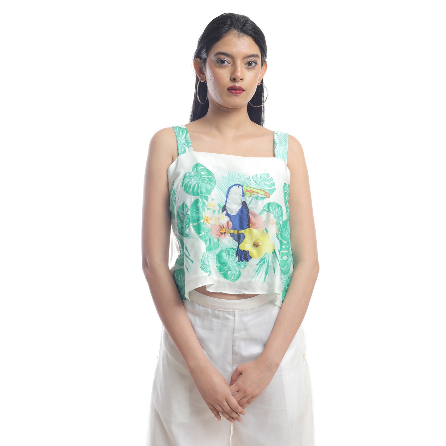 TOUCAN PRINTED TOP WITH ORGANZA OVERLAY TROUSERS