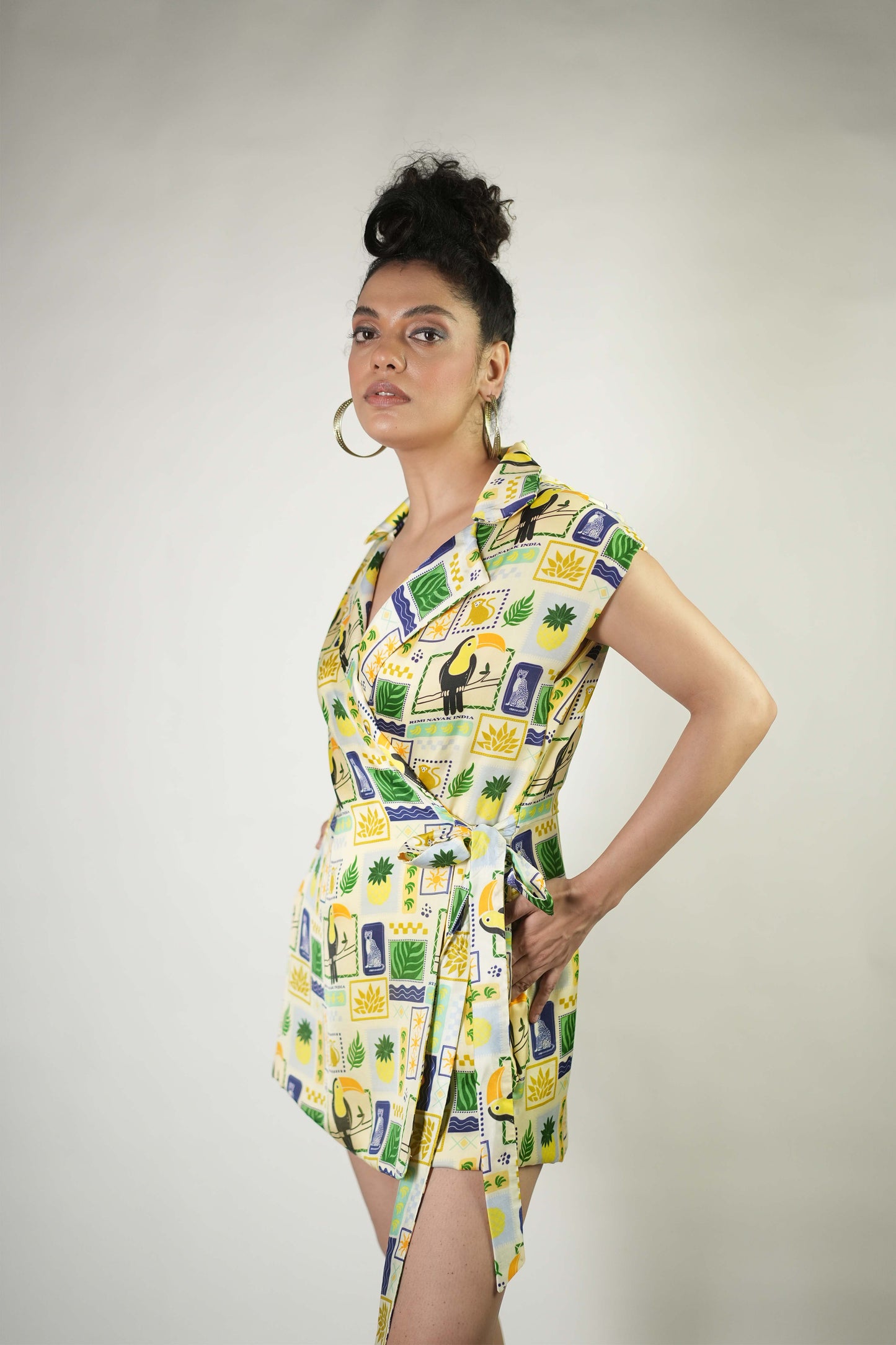 Tropical elements printed coat style playsuit dress