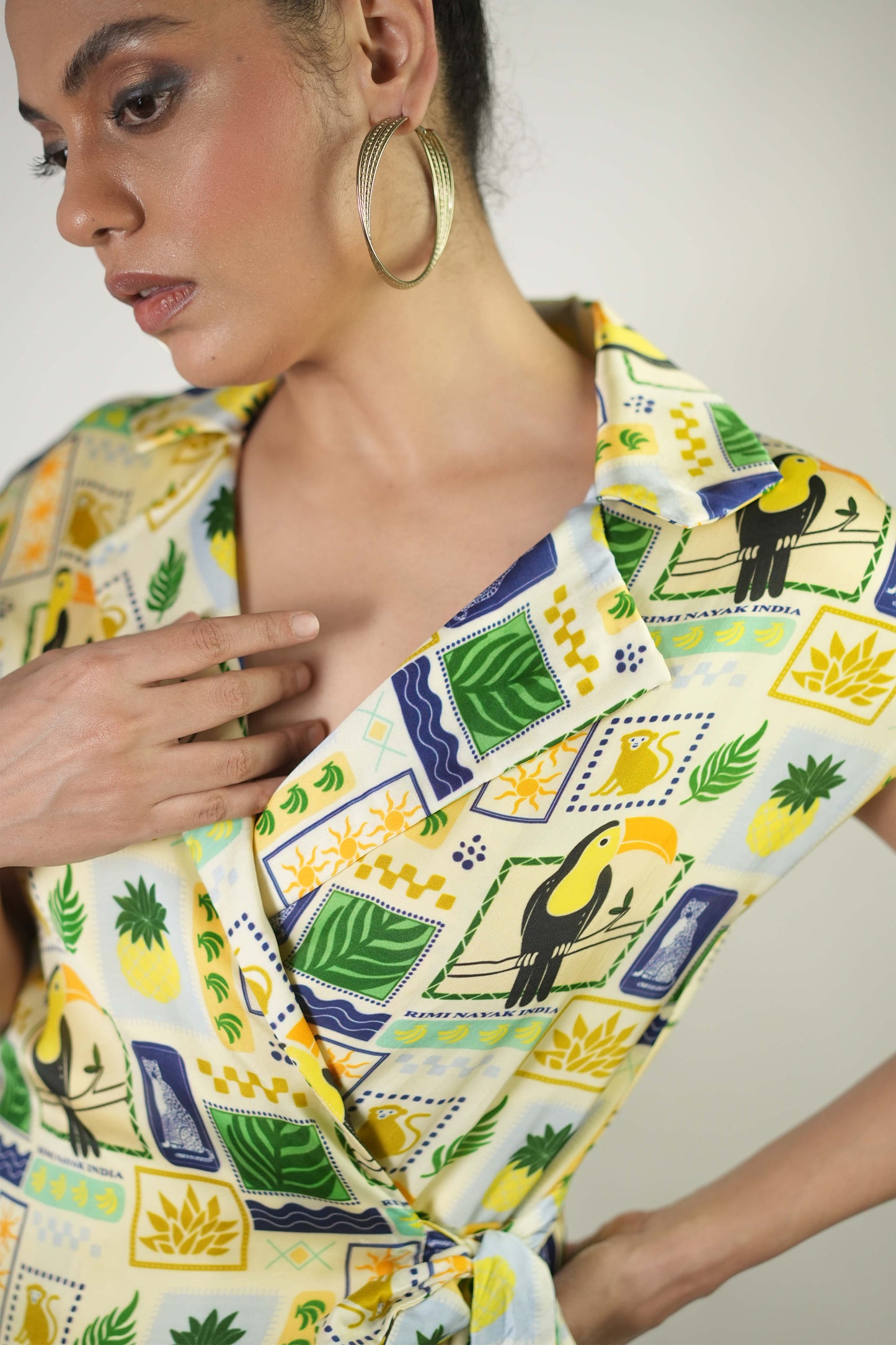 Tropical elements printed coat style playsuit dress