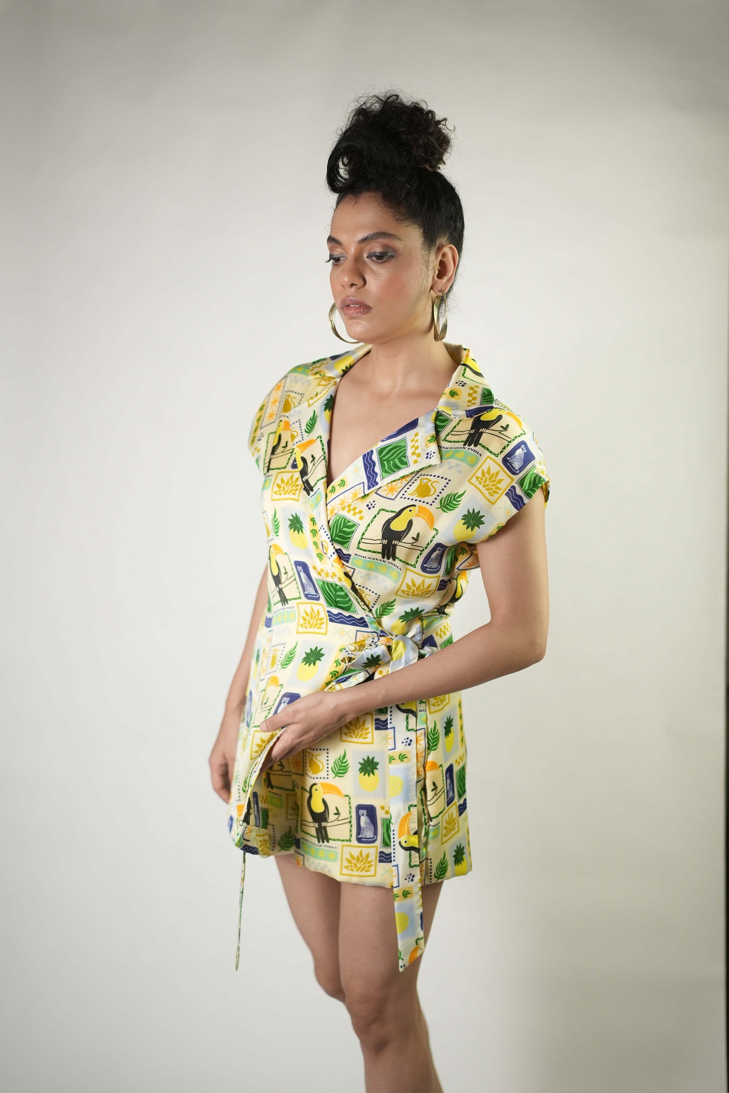 Tropical elements printed coat style playsuit dress