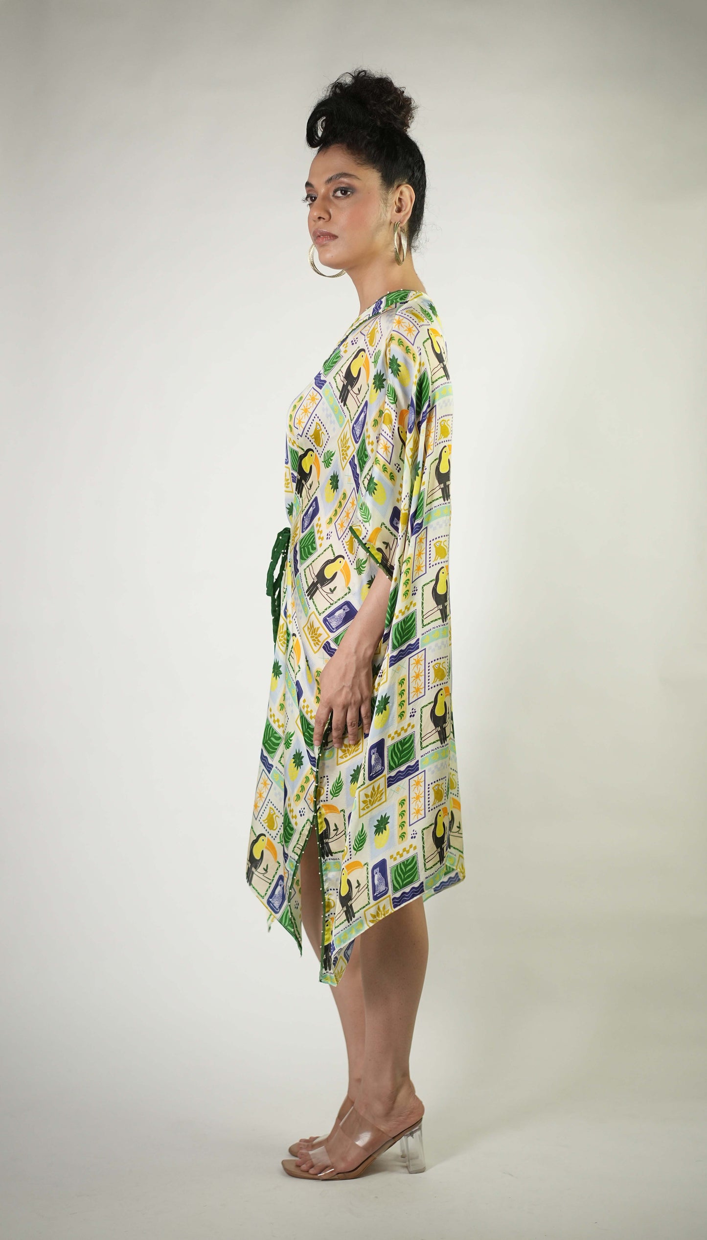 Tropical elements printed short kaftan dress