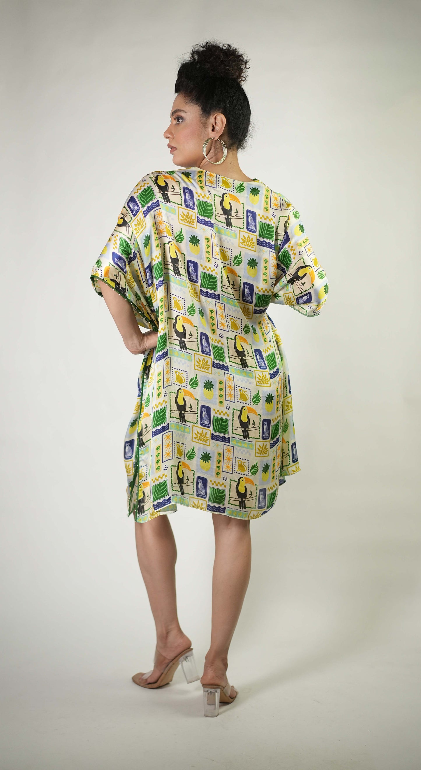 Tropical elements printed short kaftan dress