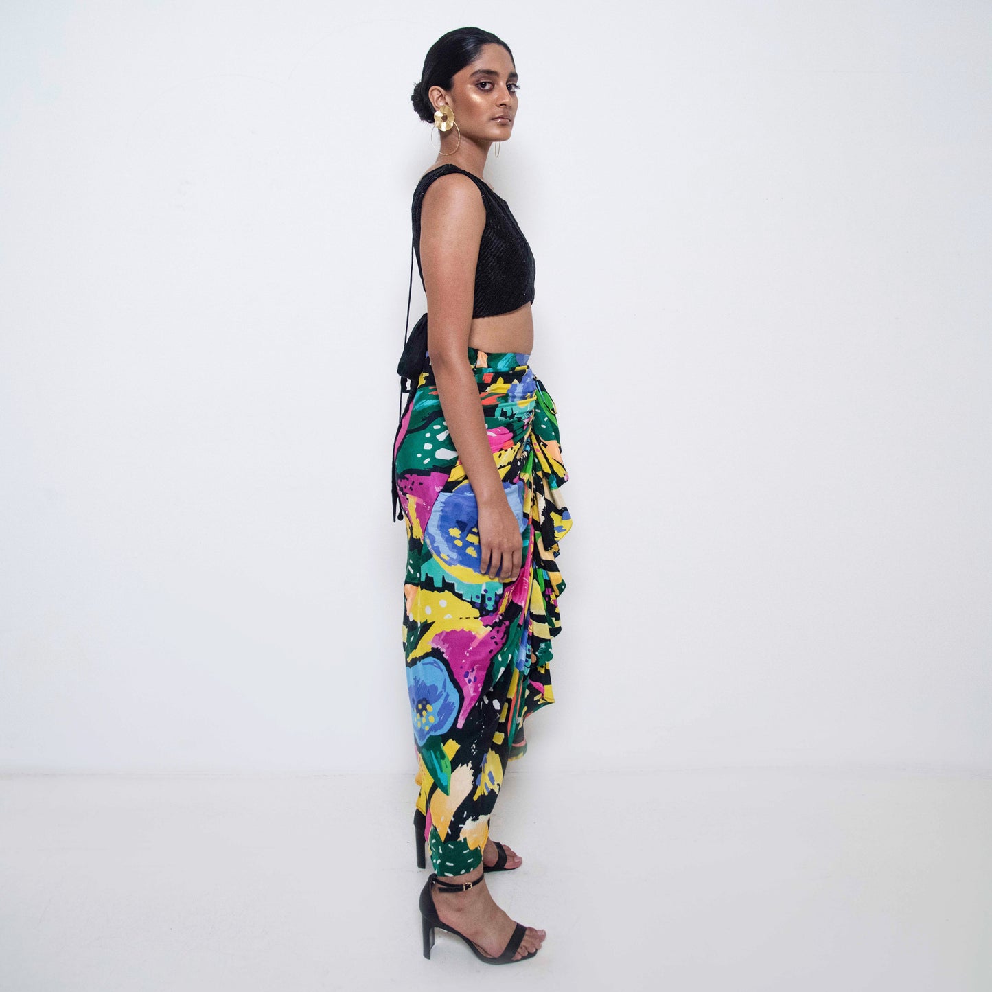 ASSORTED COLOURFUL GRAPHIC FLORAL SKIRT WITH DRAWSTRING TEAMED WITH EMBROIDERED CROP TOP