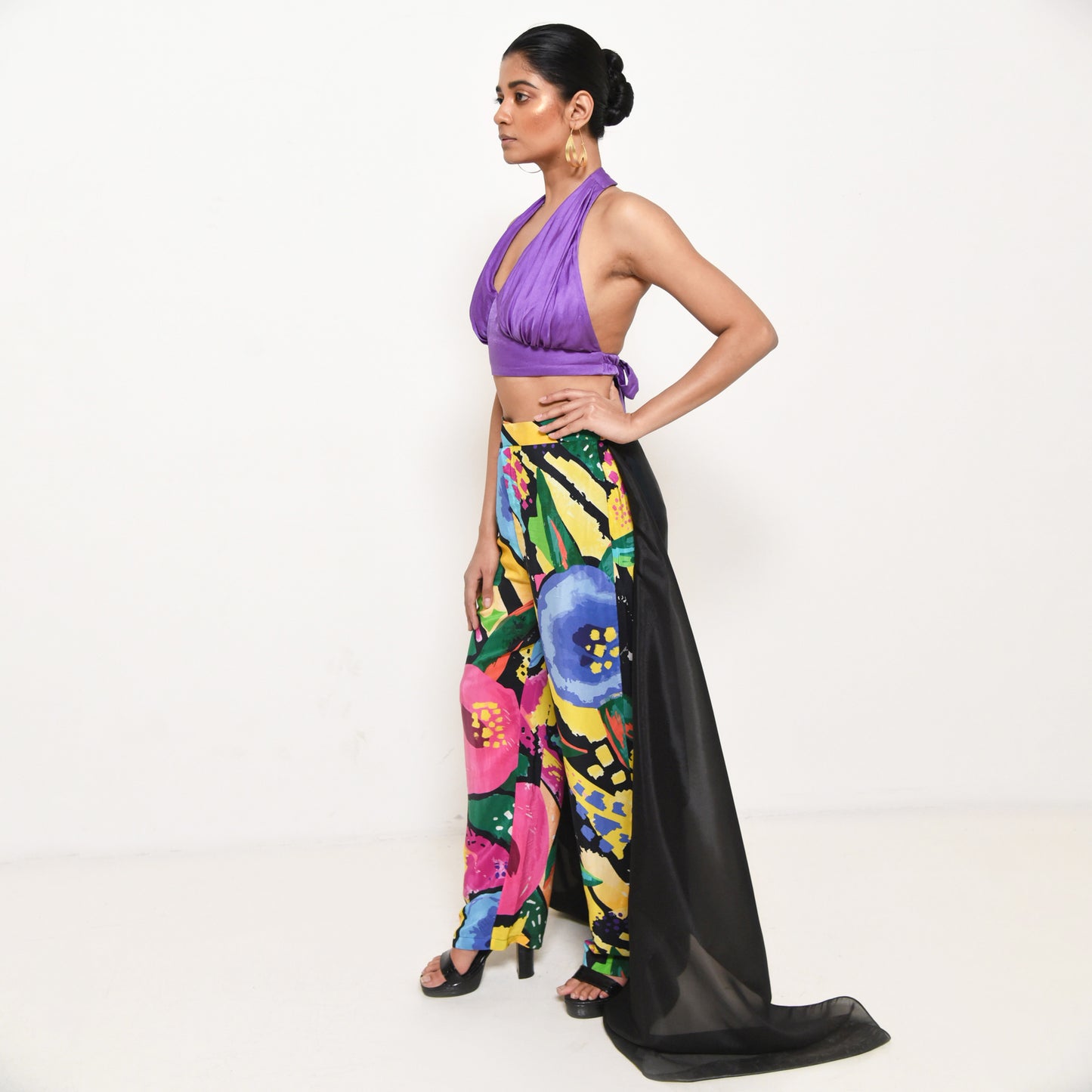 COLOURFUL ASSORTED GRAPHIC FLOWER PRINTED TROUSERS WITH TRAIL TEAMED WITH BRALETTE