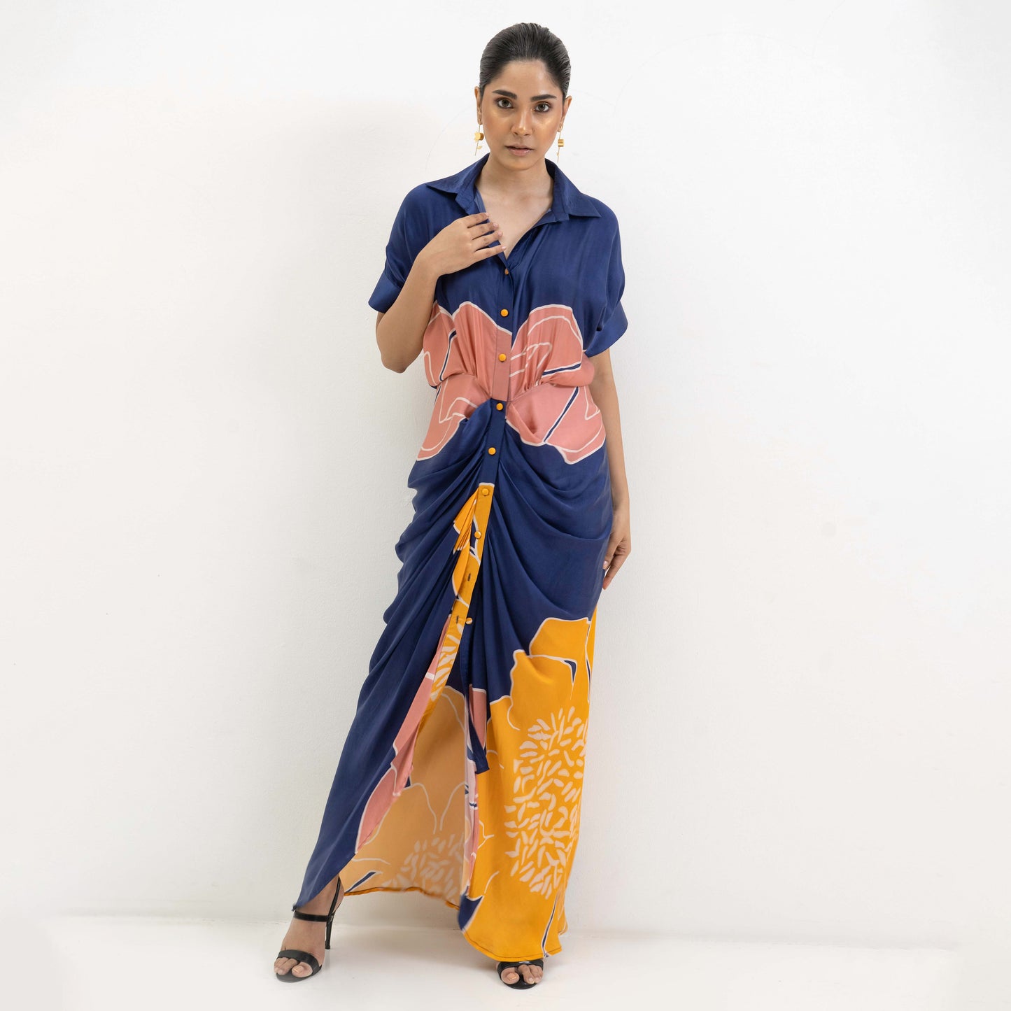 JAYA AHSAN IN PLACEMENT FLORAL PRINTED DRAPED DRESS