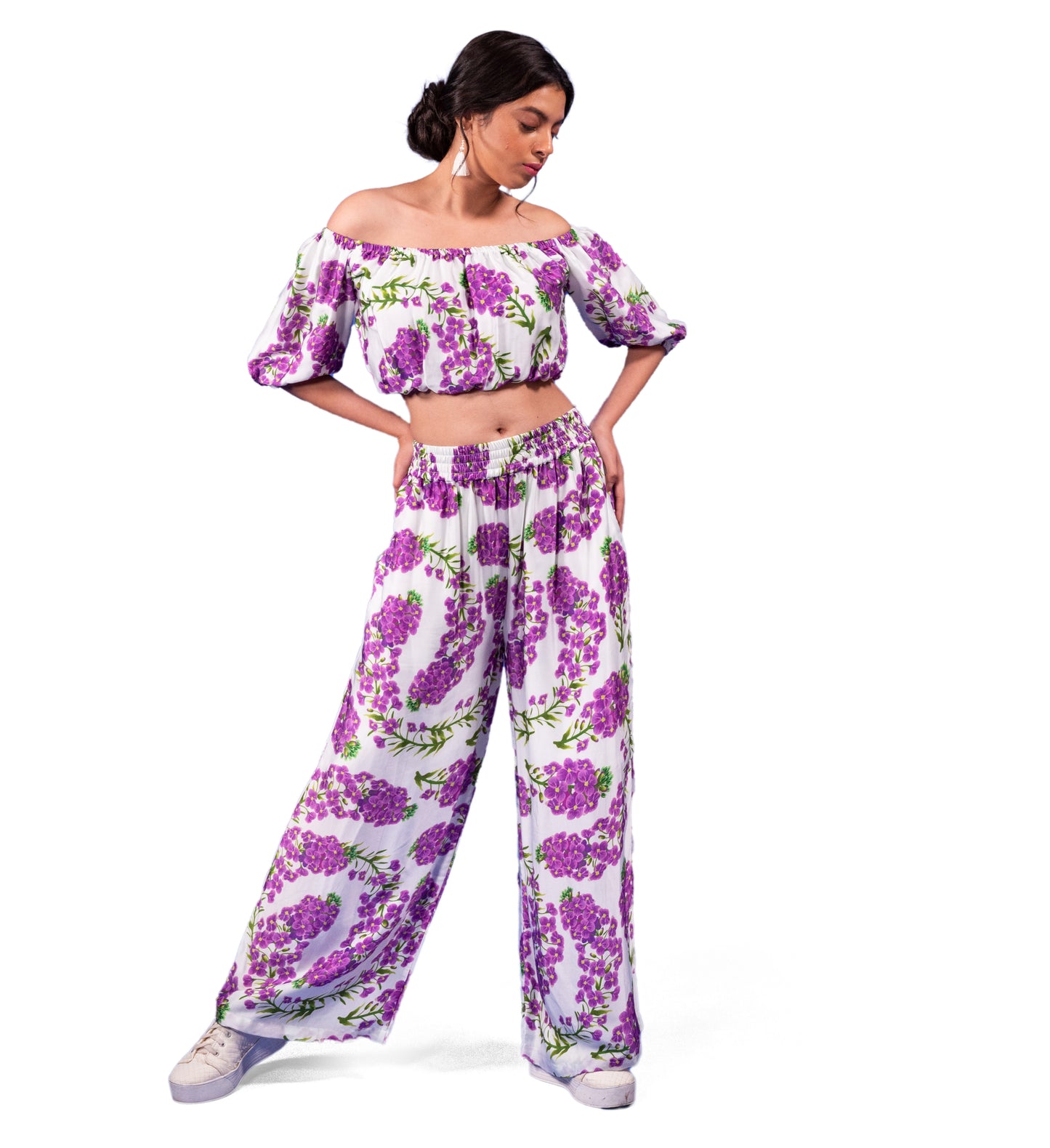 FLORAL PRINTED OFF SHOULDER TOP WITH TROUSERS COORD SET