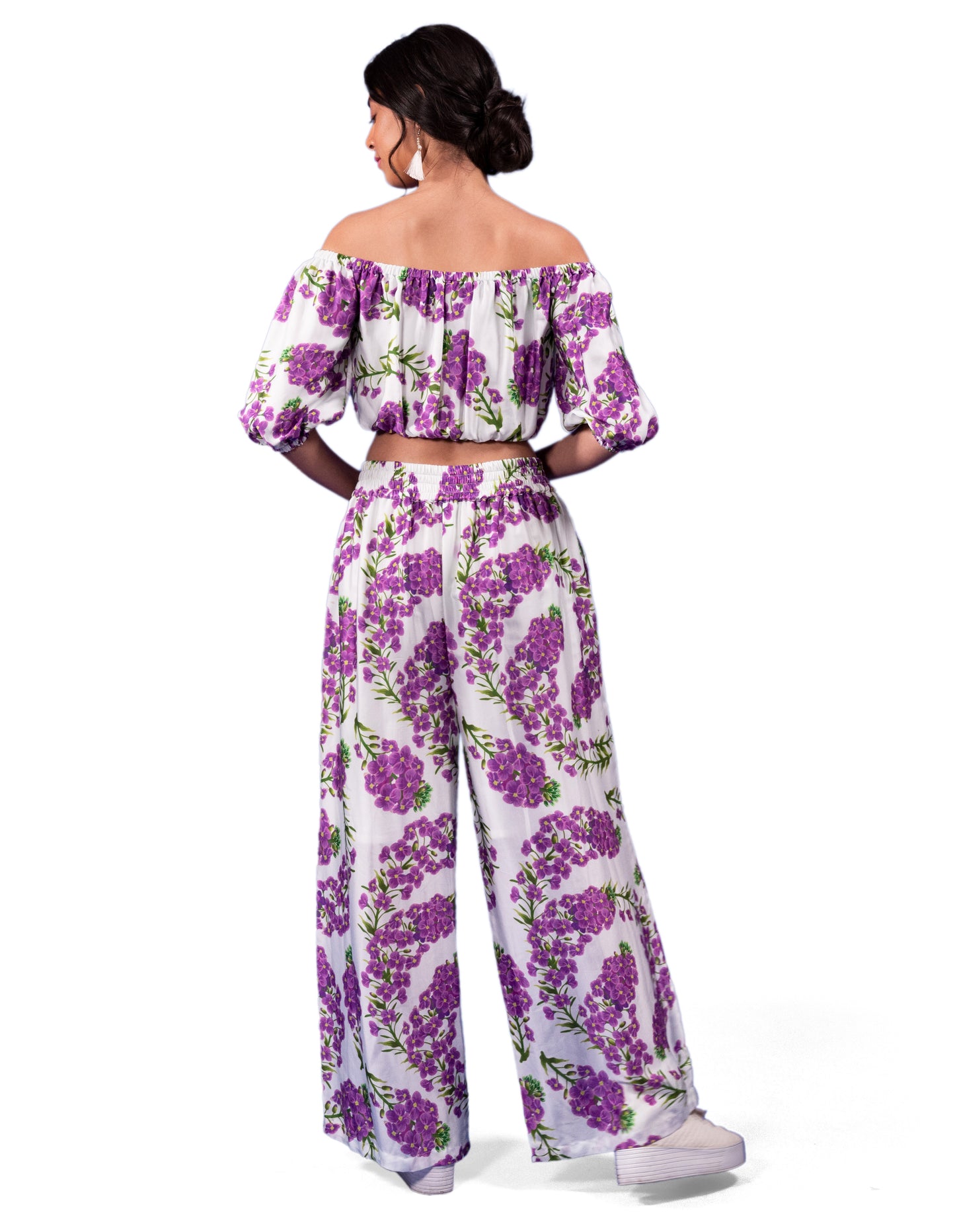 FLORAL PRINTED OFF SHOULDER TOP WITH TROUSERS COORD SET