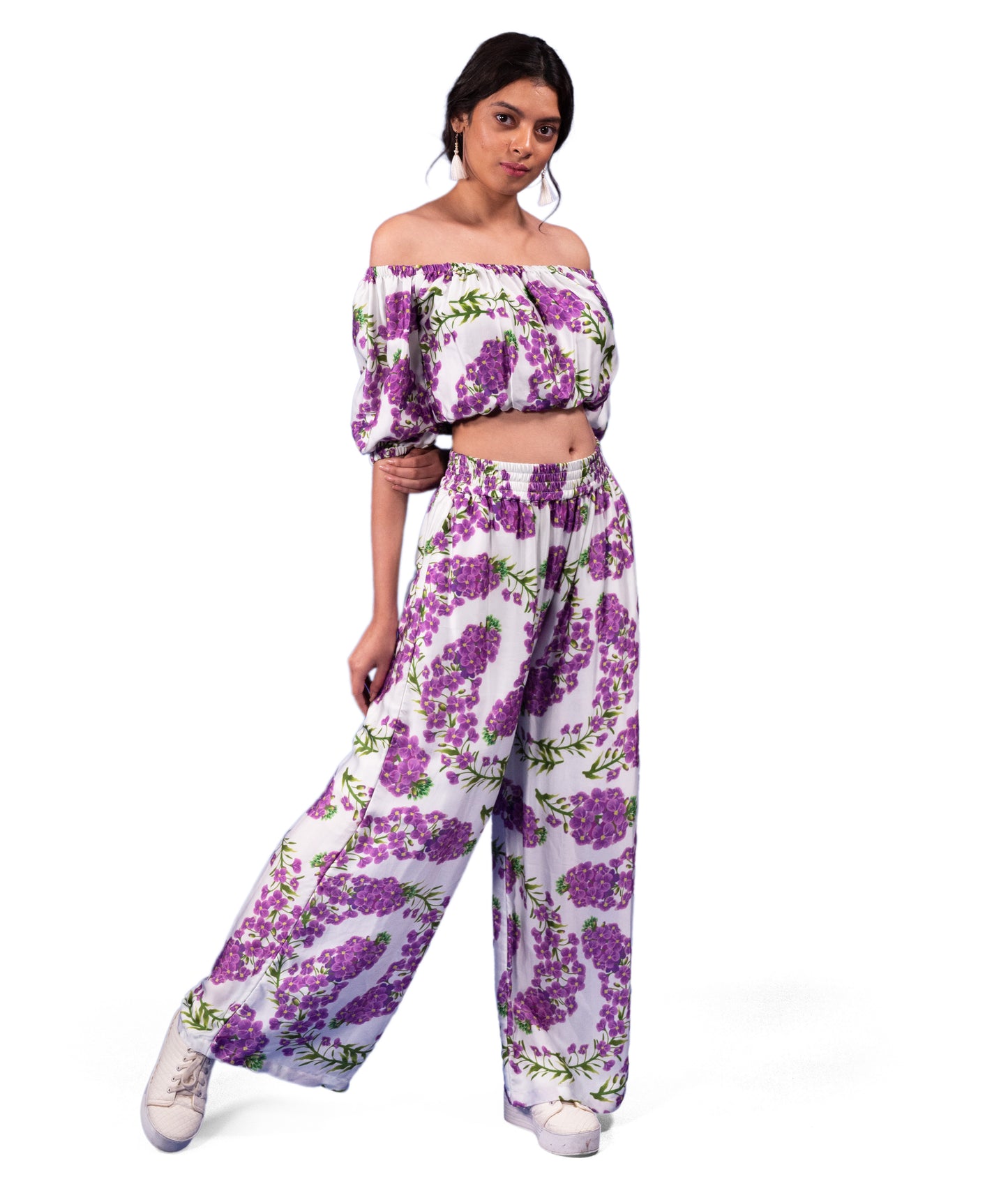 FLORAL PRINTED OFF SHOULDER TOP WITH TROUSERS COORD SET