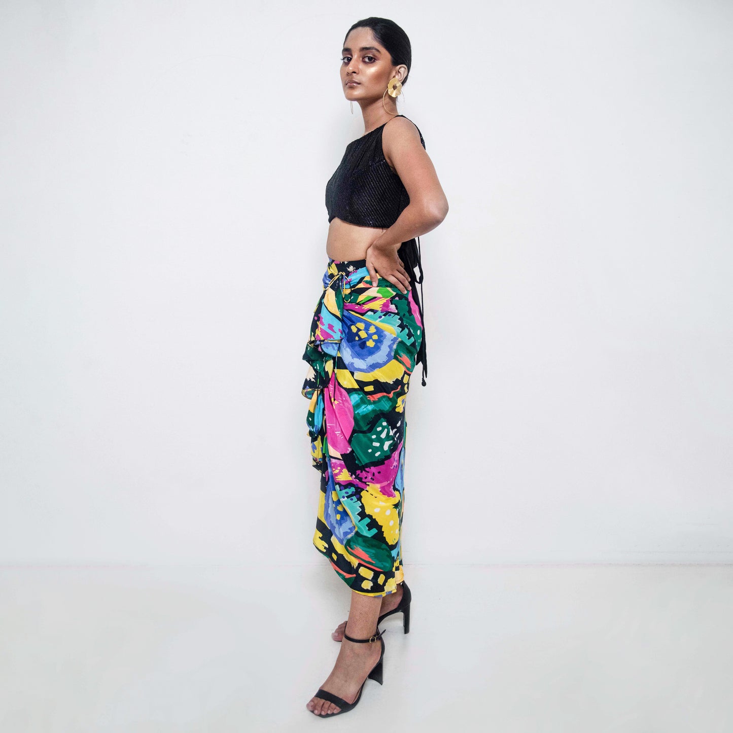 ASSORTED COLOURFUL GRAPHIC FLORAL SKIRT WITH DRAWSTRING TEAMED WITH EMBROIDERED CROP TOP