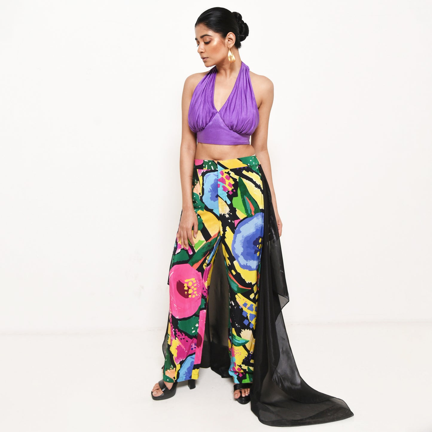 COLOURFUL ASSORTED GRAPHIC FLOWER PRINTED TROUSERS WITH TRAIL TEAMED WITH BRALETTE