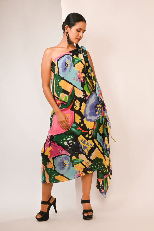 Black base watersplash floral printed draped one shoulder dress