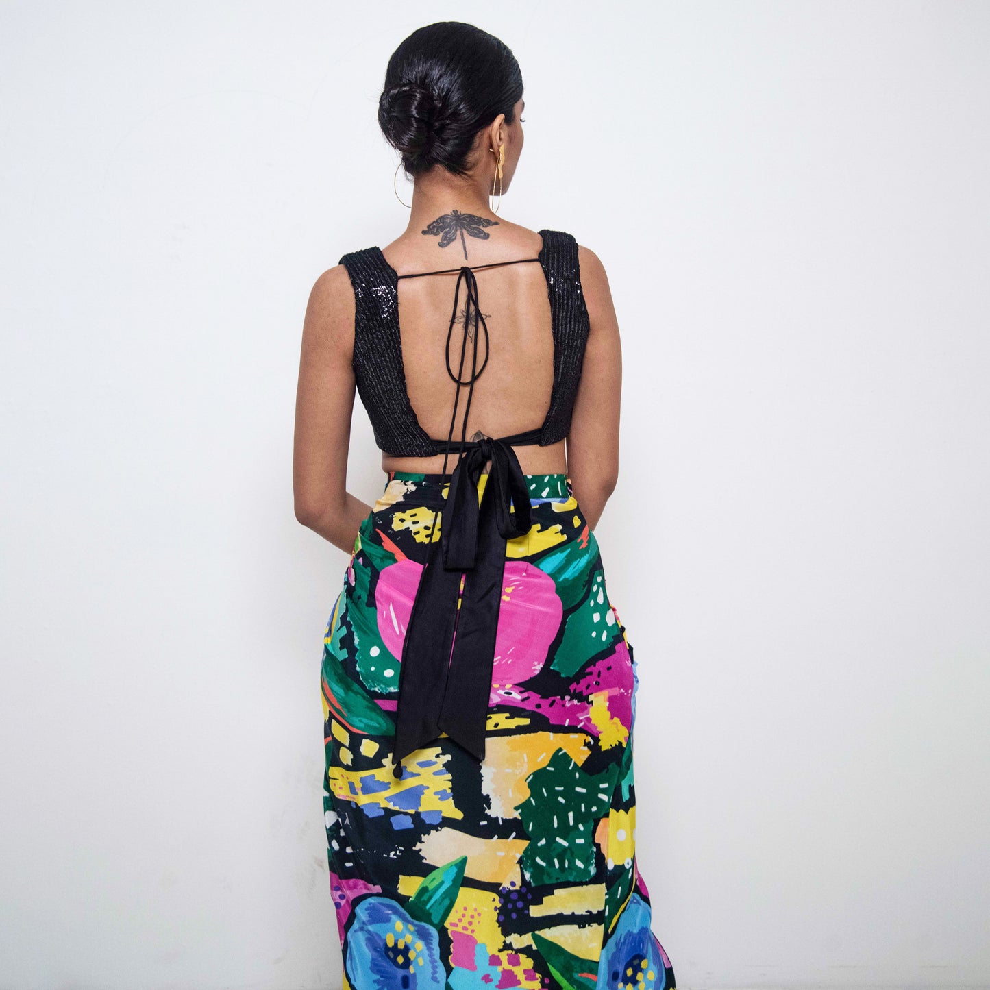 ASSORTED COLOURFUL GRAPHIC FLORAL SKIRT WITH DRAWSTRING TEAMED WITH EMBROIDERED CROP TOP