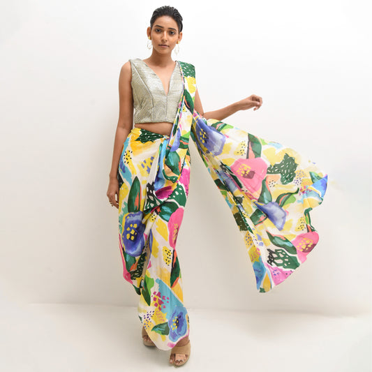 ABSTRACT FLORAL PRINTED PREPLEATED SAREE