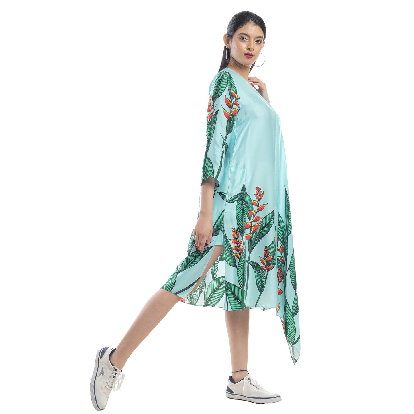 TROPICAL FLORAL PRINT ASSYMETRIC DRESS