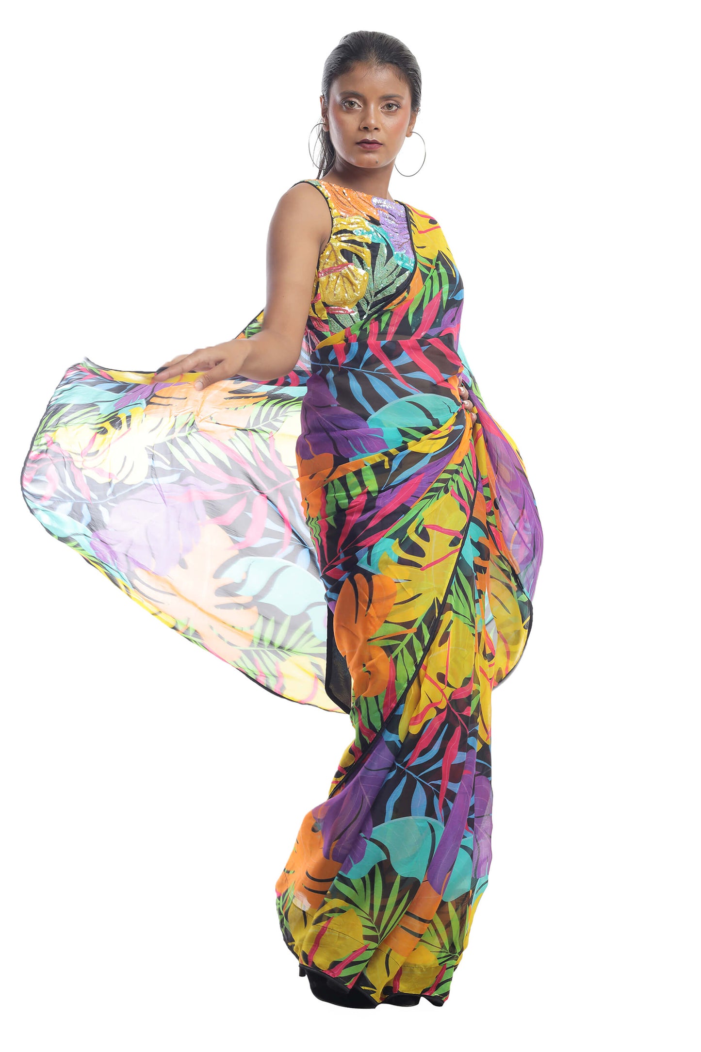 COLOURFUL LEAF PRINTED ORGANZA SAREE