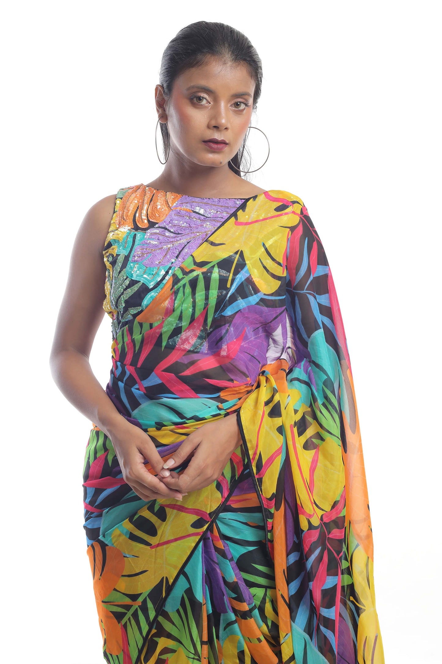 COLOURFUL LEAF PRINTED ORGANZA SAREE