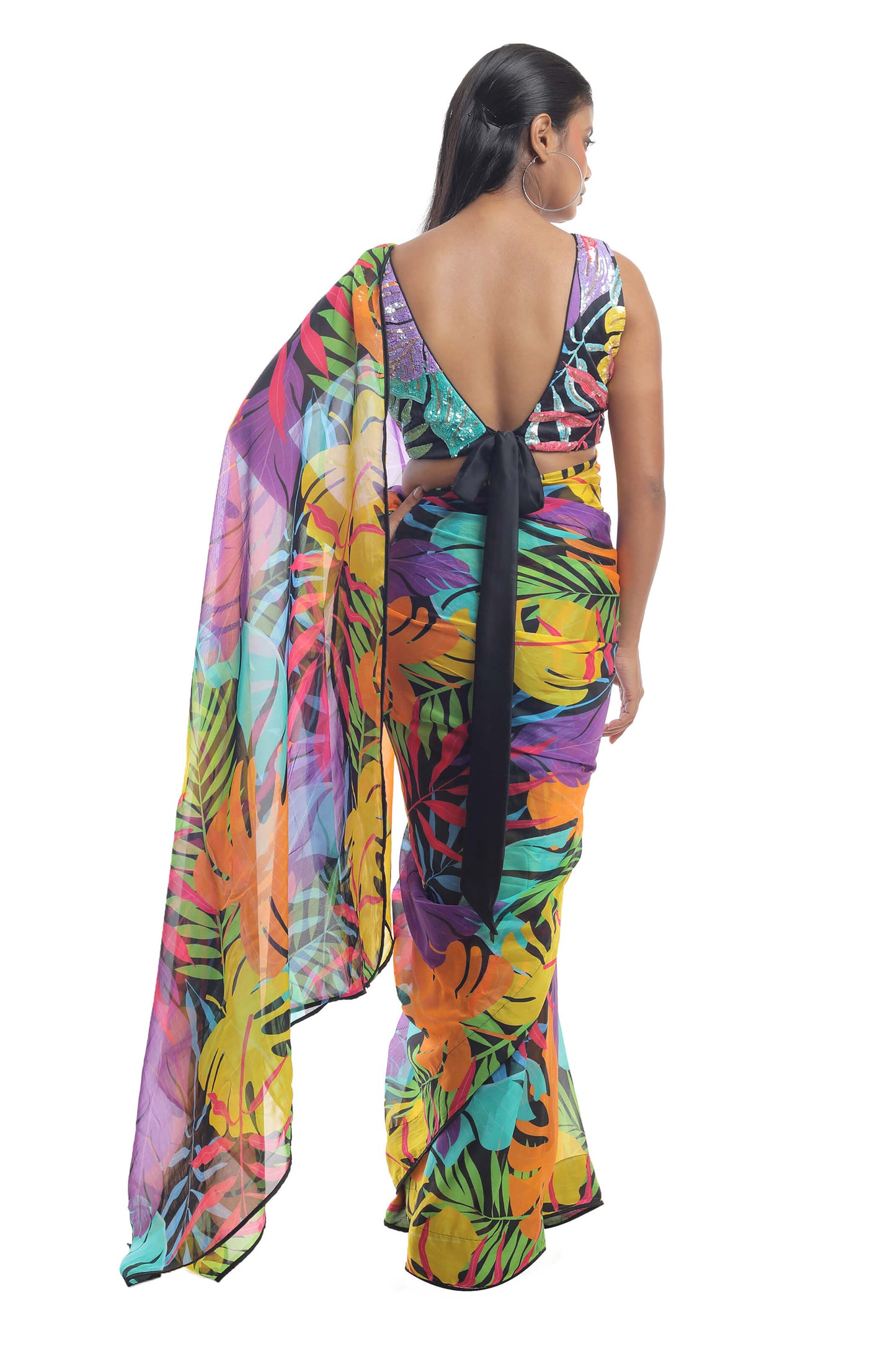 COLOURFUL LEAF PRINTED ORGANZA SAREE