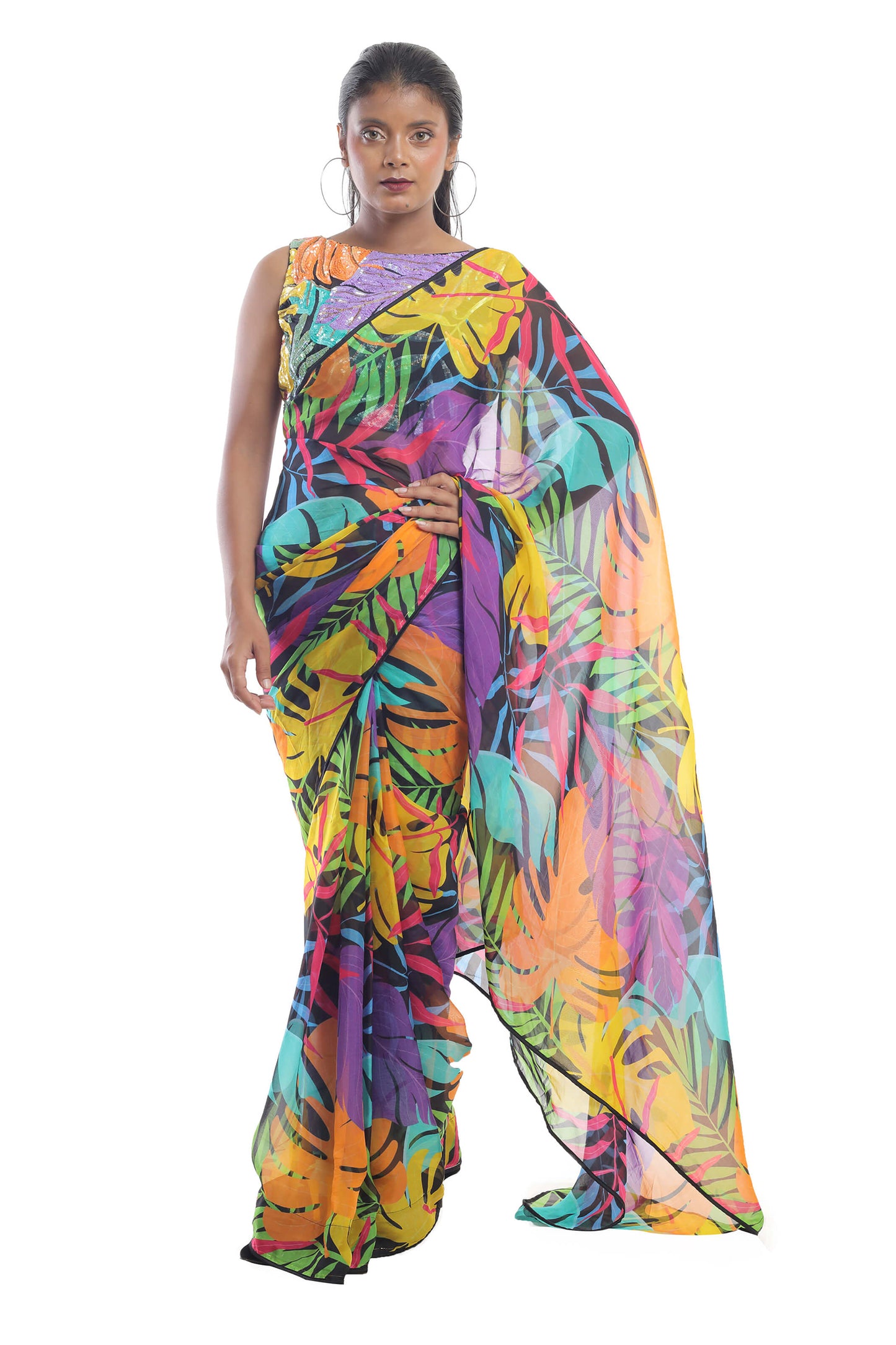 COLOURFUL LEAF PRINTED ORGANZA SAREE