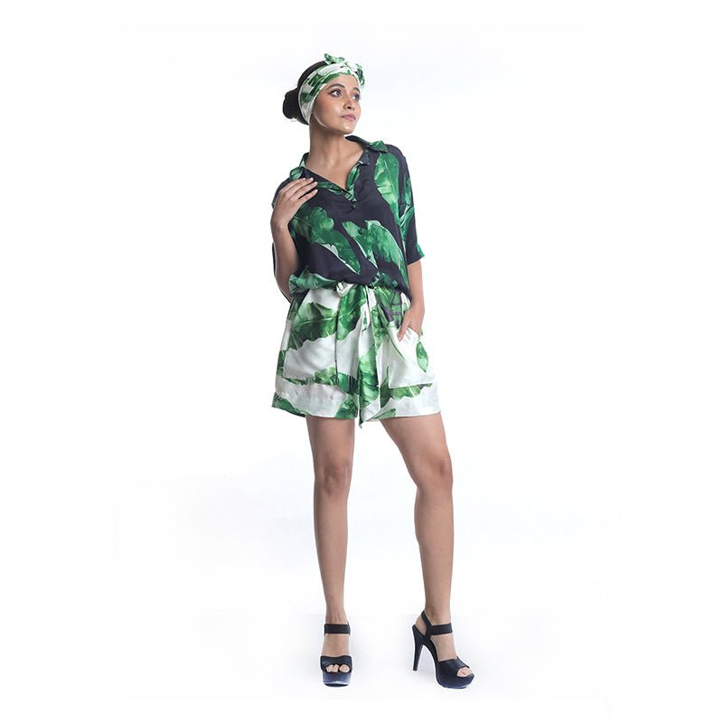 BANANA LEAF PRINTED SHORTS AND SHIRT COORD SET