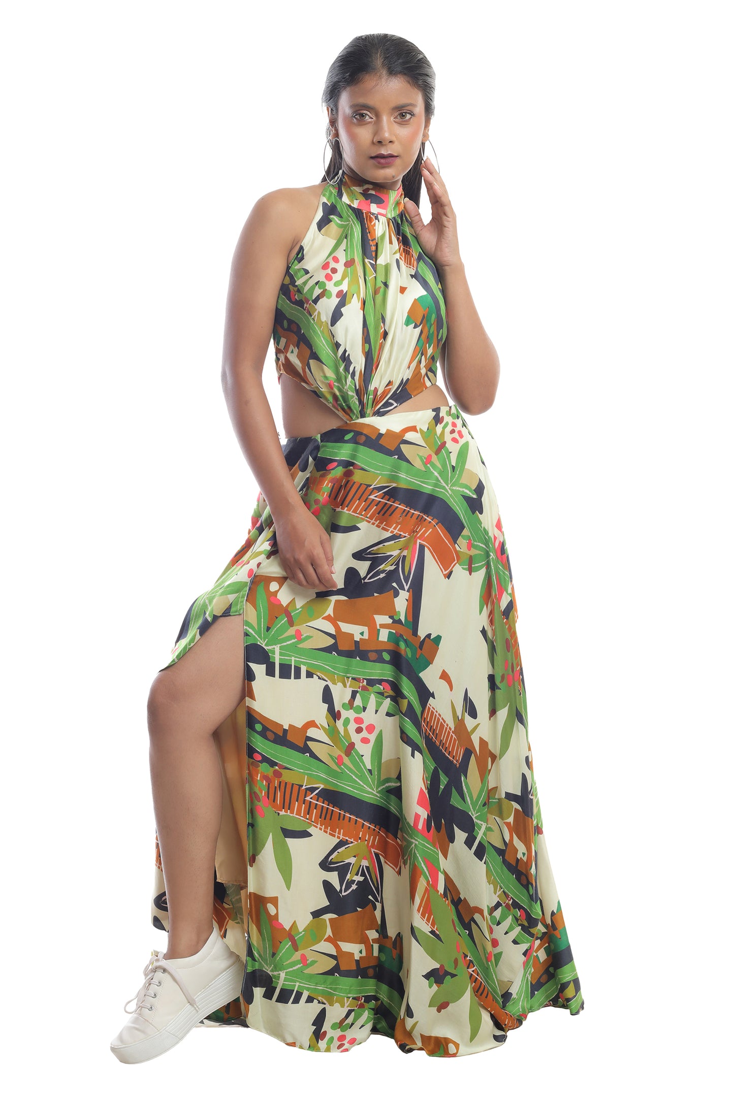 ABSTRACT GEOMETRIC GRAPHIC PRINTED DRESS WITH HIGH SLIT